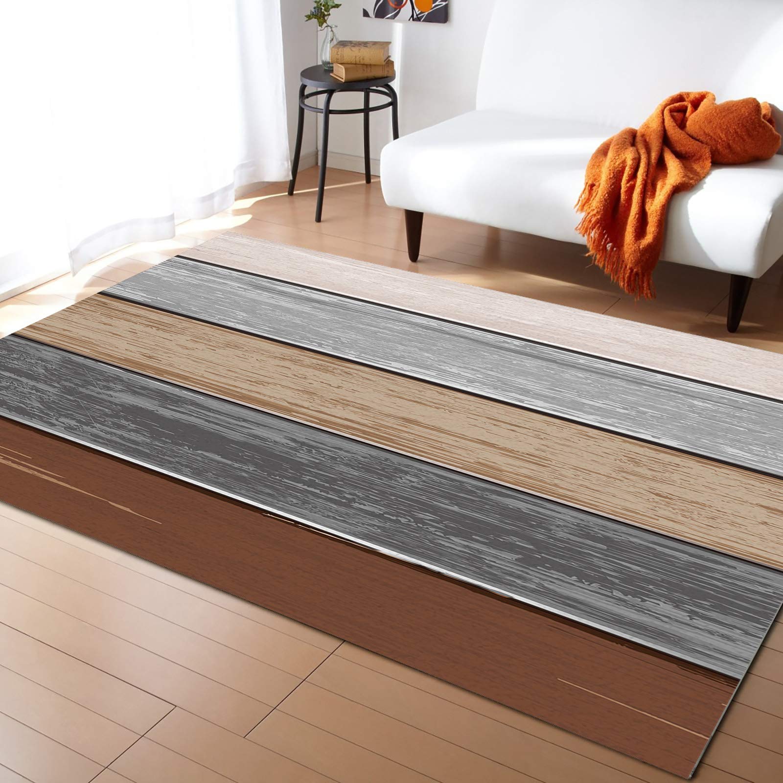 8x5ft Fluffy Non-Slip Area Rug - Ultra Soft Multicolor Gradient Wood Plank Design Washable Carpet for Living Room, Bedroom & Nursery | Retro Farmhouse Decor, Indoor Floor Mat (Great for Cozy Home Decor & Kids Play Areas)