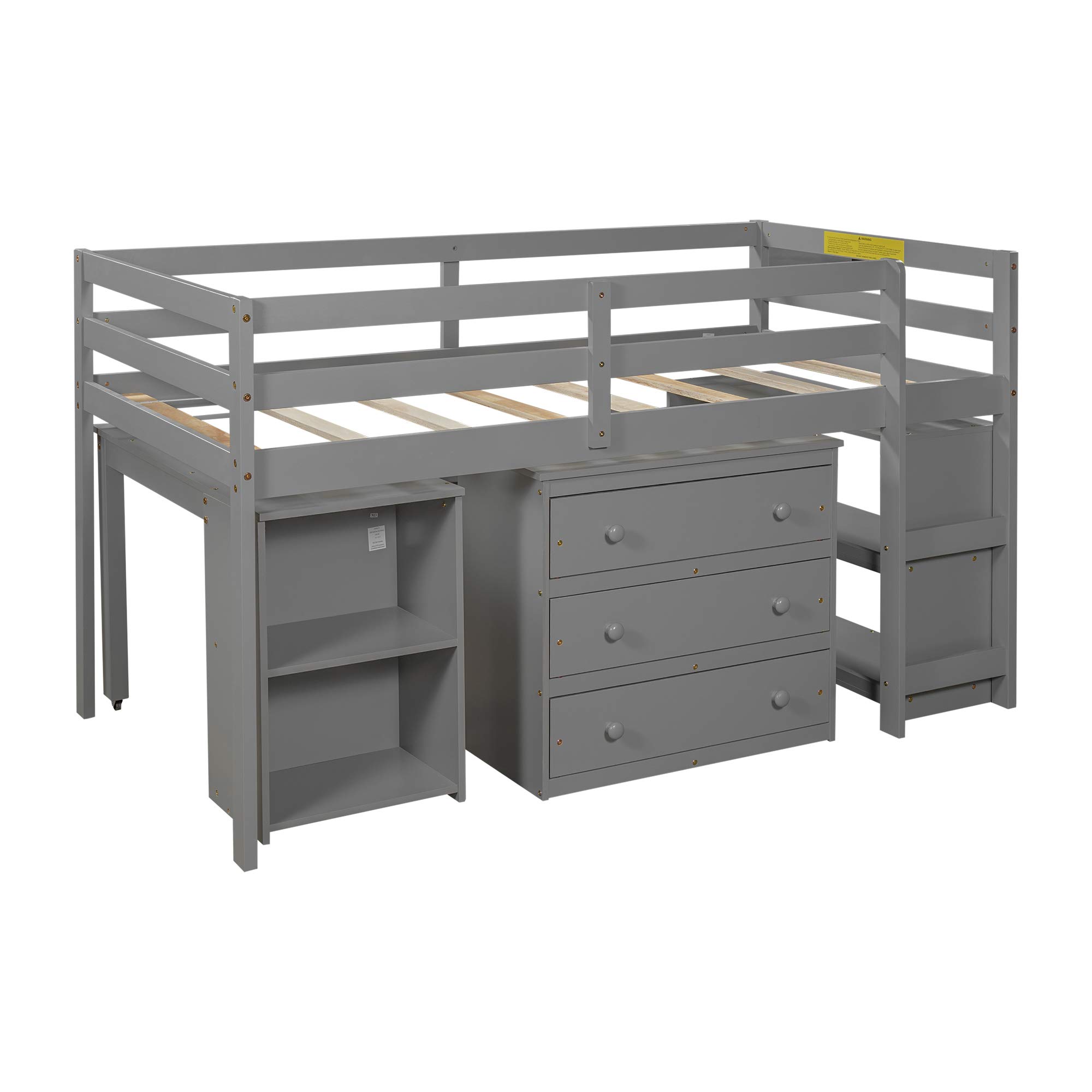 Danxee Loft Storage Bed with Spacious Shelves & Rolling Desk - Space Saving Bed Frame with Cabinet Storage, Multiple Finishes (Gray) - Perfect for Small Apartments, Dorms & Kids Rooms