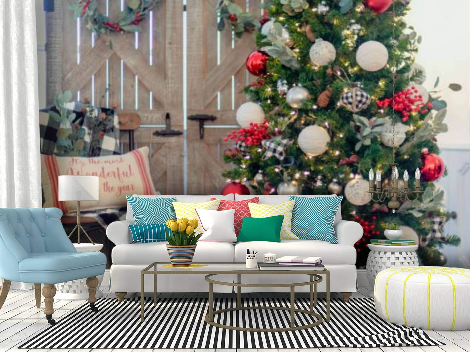 RECETHROWS Modern Farmhouse Christmas Peel and Stick Wallpaper - Self-Adhesive Removable Vinyl Wall Mural for Home Decor | Perfect for Living Room, Bedroom, Nursery & Holiday Party Decoration