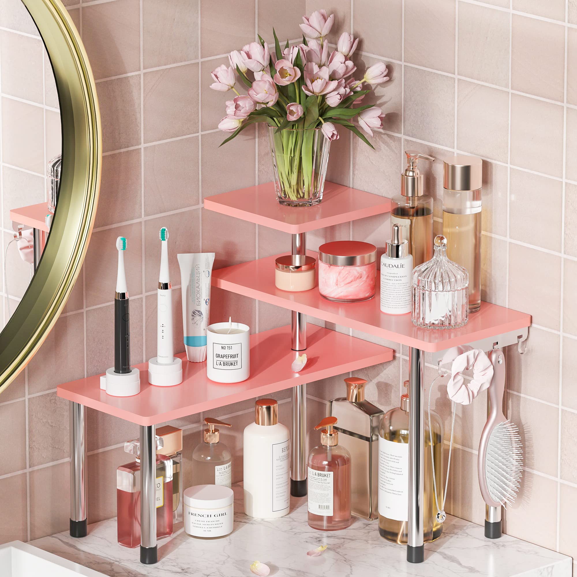 3-Tier Bamboo Corner Shelf Organizer for Bathroom, Kitchen, Office & Living Room - Space Saving Spice Rack, Makeup Organizer & Bookshelf (Pink) - Perfect for Small Spaces, Countertop Storage & Home Organization