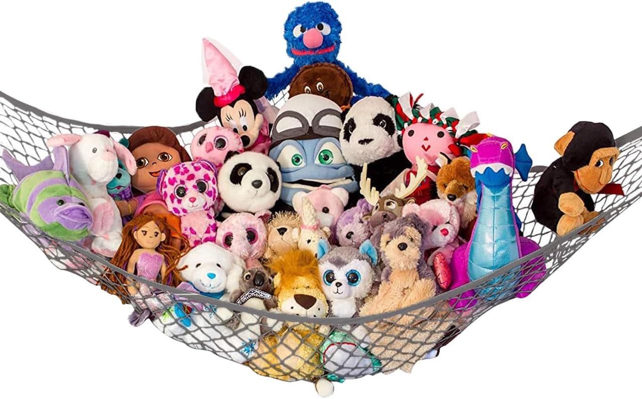 Lilly's Love Large Stuffed Animal Hammock - Corner Hanging Organizer for Plush Toy Storage | Easy to Install with Included Anchors & Hooks | Gray Room Decor for Kids Bedroom & Nursery Organization