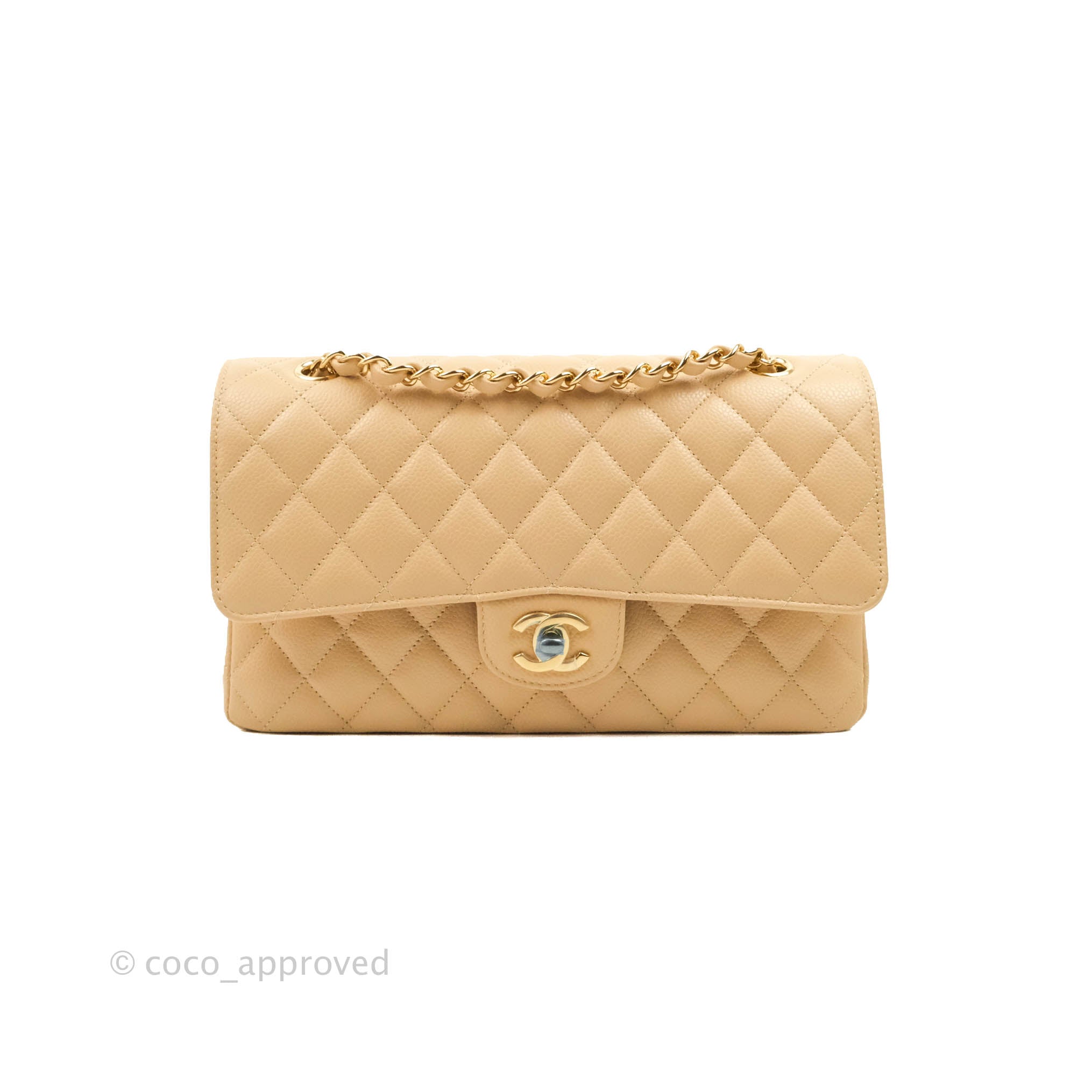 Chanel Classic M/L Medium Flap Bag Quilted Beige Caviar Leather with Gold Hardware - Luxury Handbag for Women, Perfect for Parties, Work & Everyday Use