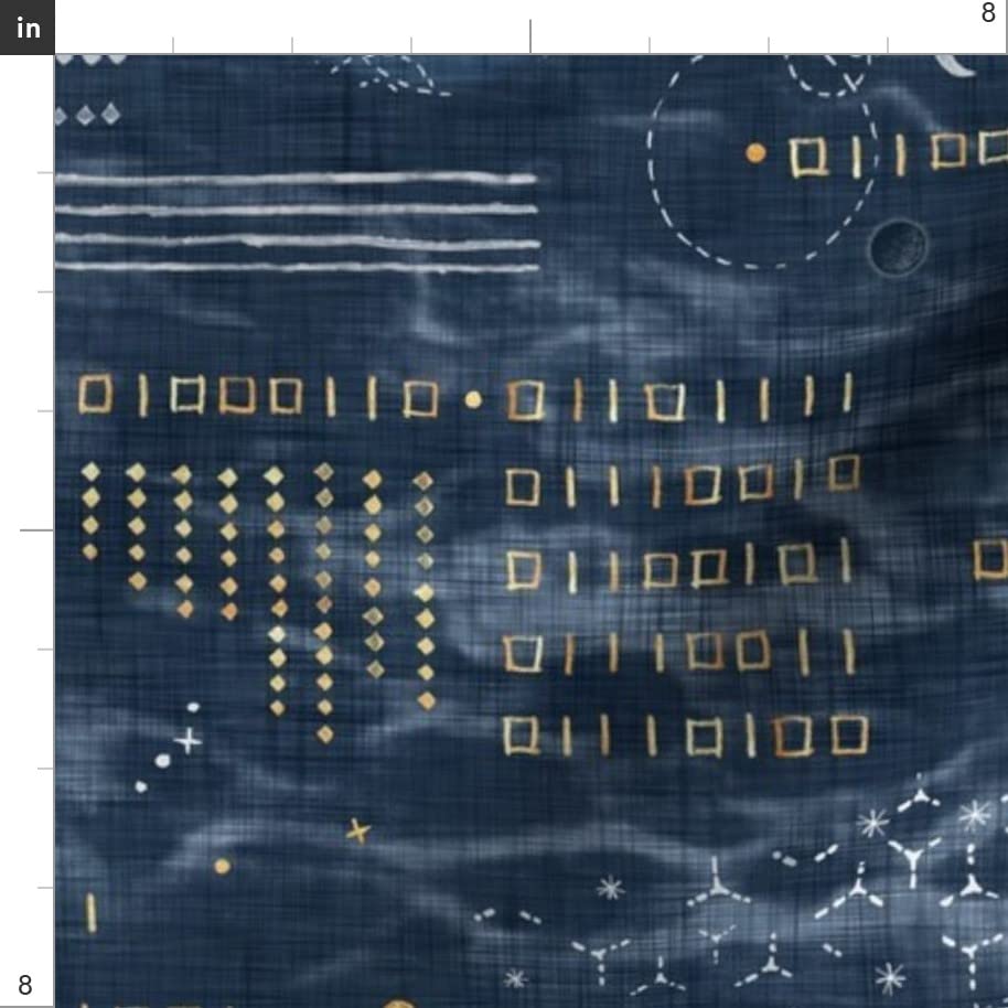 Shibori Dark Blue Astronomy Planets Night Sky Gold Printed Denim Fabric by The Yard - Bottomweight Apparel, Home Decor & Upholstery Material - Perfect for DIY Clothing, Curtains & Cushion Covers