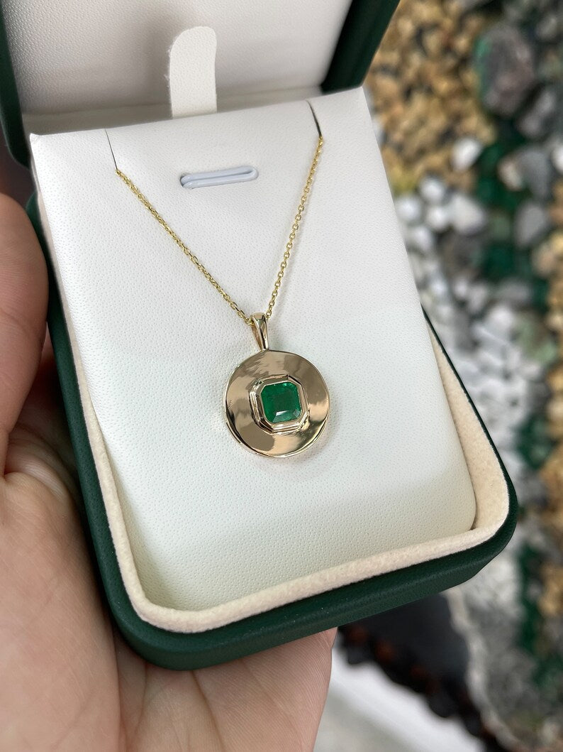 1.15ct 14K Gold Dark Rich Green Natural Emerald Solitaire Asscher Cut Pendant Necklace for Women - Elegant Jewelry Gift for Anniversary, Birthday & Special Occasions