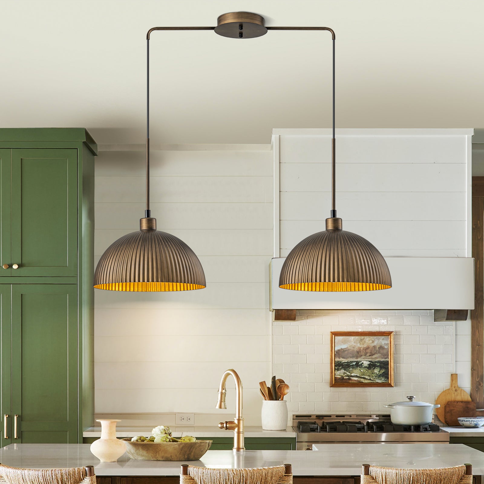 Glowlings 2-Light 33-Inch Wide Oversized Industrial Antique Bronze Ribbed Dome Pendant Light Fixture - Perfect for Kitchen Island, Dining Room, and Farmhouse Decor