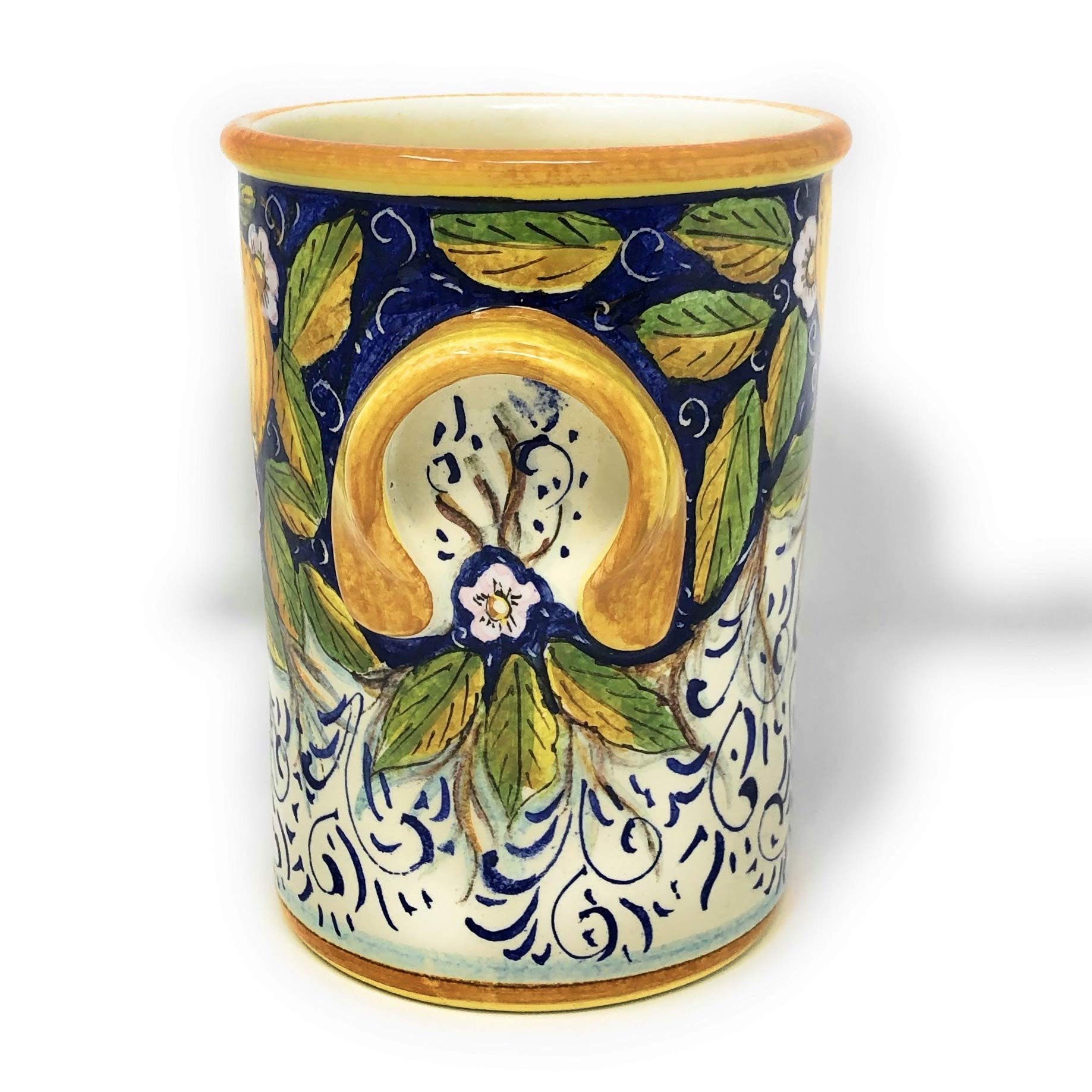 Hand-Painted Italian Ceramic Utensil Holder & Wine Bottle - Tuscan Art Pottery with Three Lemons Design - Made in Italy - Perfect for Kitchen Decor & Wine Storage