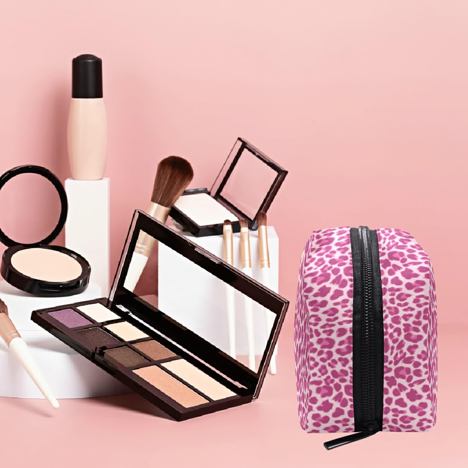 Cute Pink Leopard Print Makeup Bag for Women & Girls - Travel Cosmetic Organizer with Multiple Compartments - Perfect for Toiletries, Jewelry, and Travel Essentials