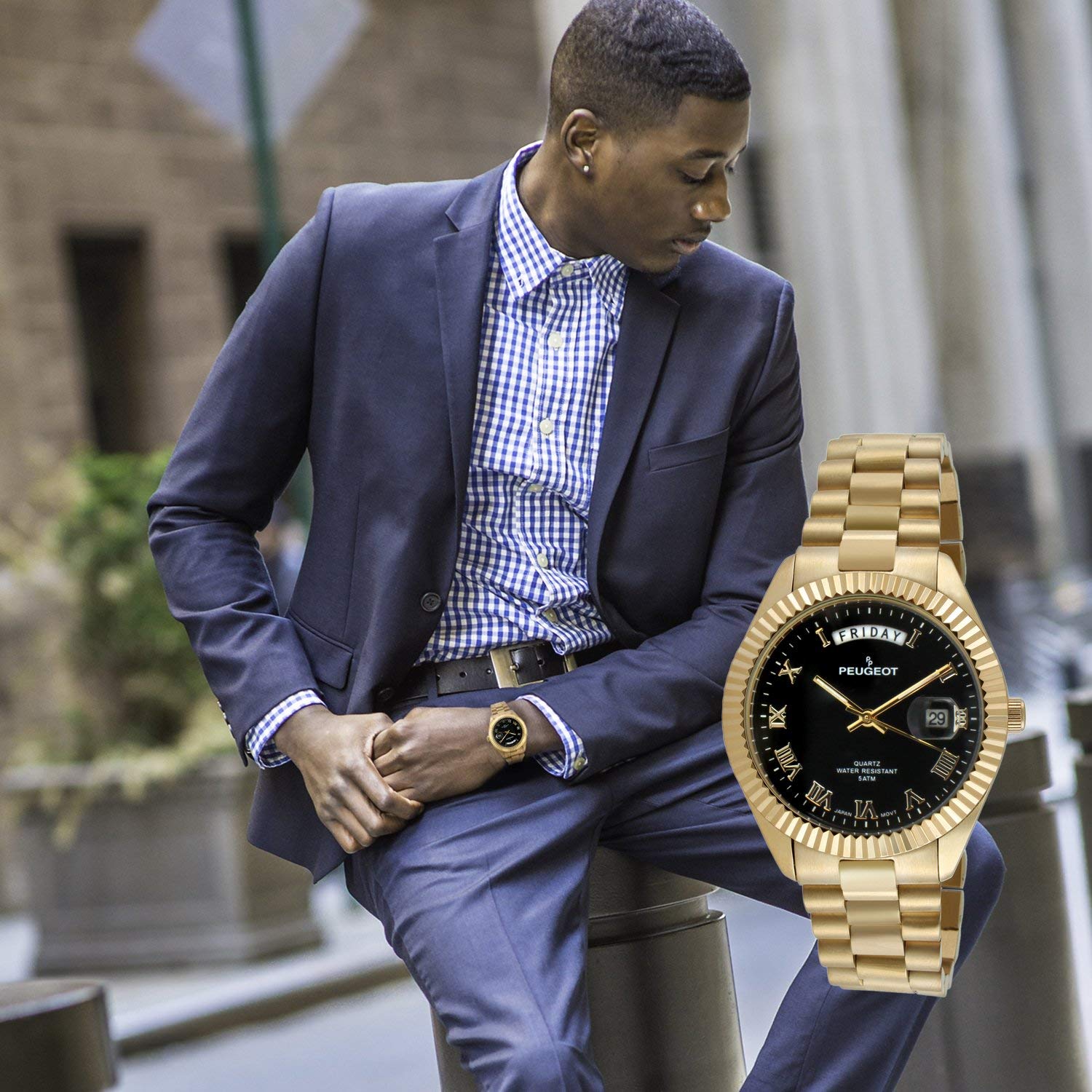 Peugeot 14K Gold Plated Luxury Watch with Day Date Windows, Roman Numerals & Fluted Bezel - Elegant Dress Watch for Men, Perfect for Business, Formal Events & Special Occasions