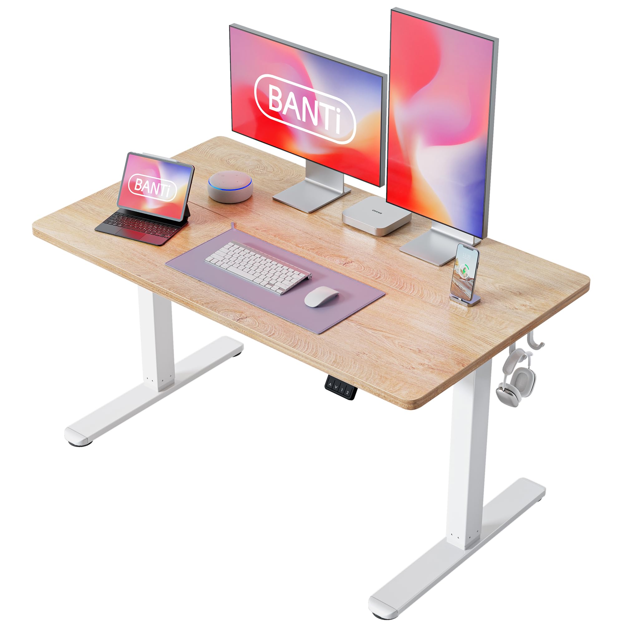 BANTI 48 Inch Electric Height Adjustable Standing Desk - Maple Sit Stand Workstation with Splice Board for Home Office | Ergonomic Computer Desk for Remote Work & Study