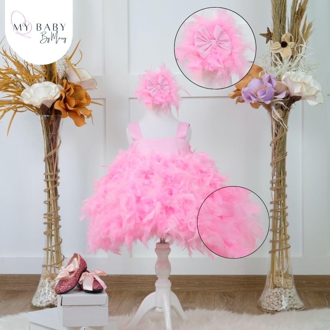 Elegant Pink Feather Cupcake Pageant Dress for Baby Girls 12-18 Months - Sleeveless Floral Maxi Dress for Birthday, Holiday & Special Occasions - Toddler Girl's Fancy Party Outfit