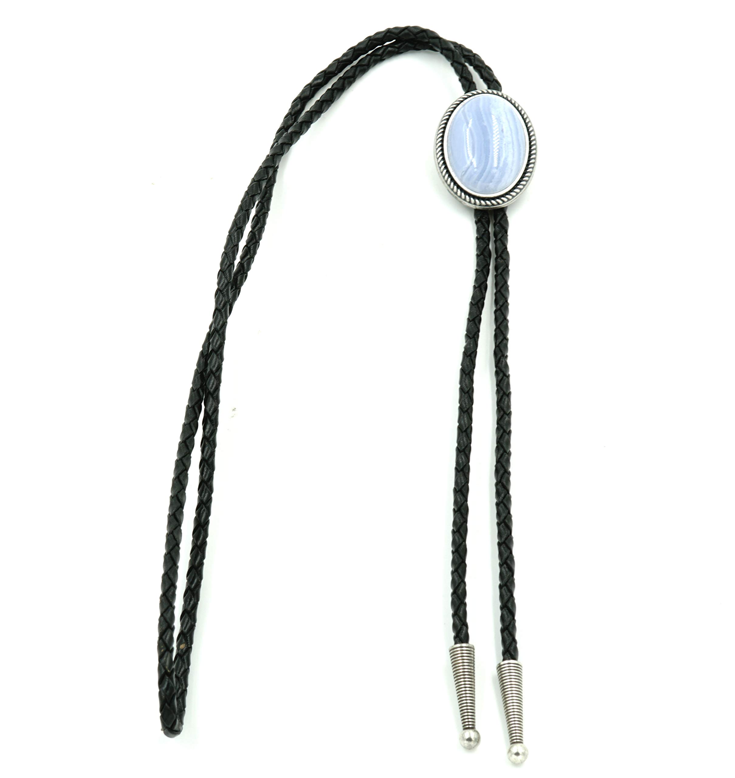 Blue Lace Agate Western Cowboy Leather Bolo Tie for Men - Stylish Accessory for Weddings, Rodeos, and Western Events