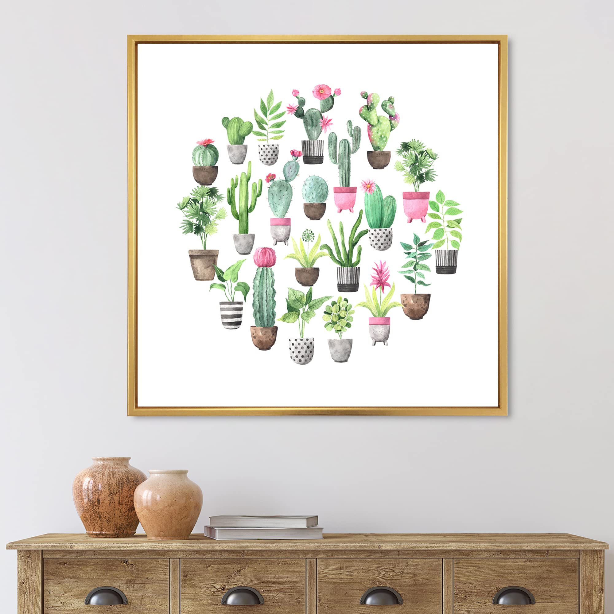 DesignQ Cacti in Ceramic Pots - Soft Tone Traditional Framed Canvas Wall Art Print for Living Room, Bedroom & Office Decor