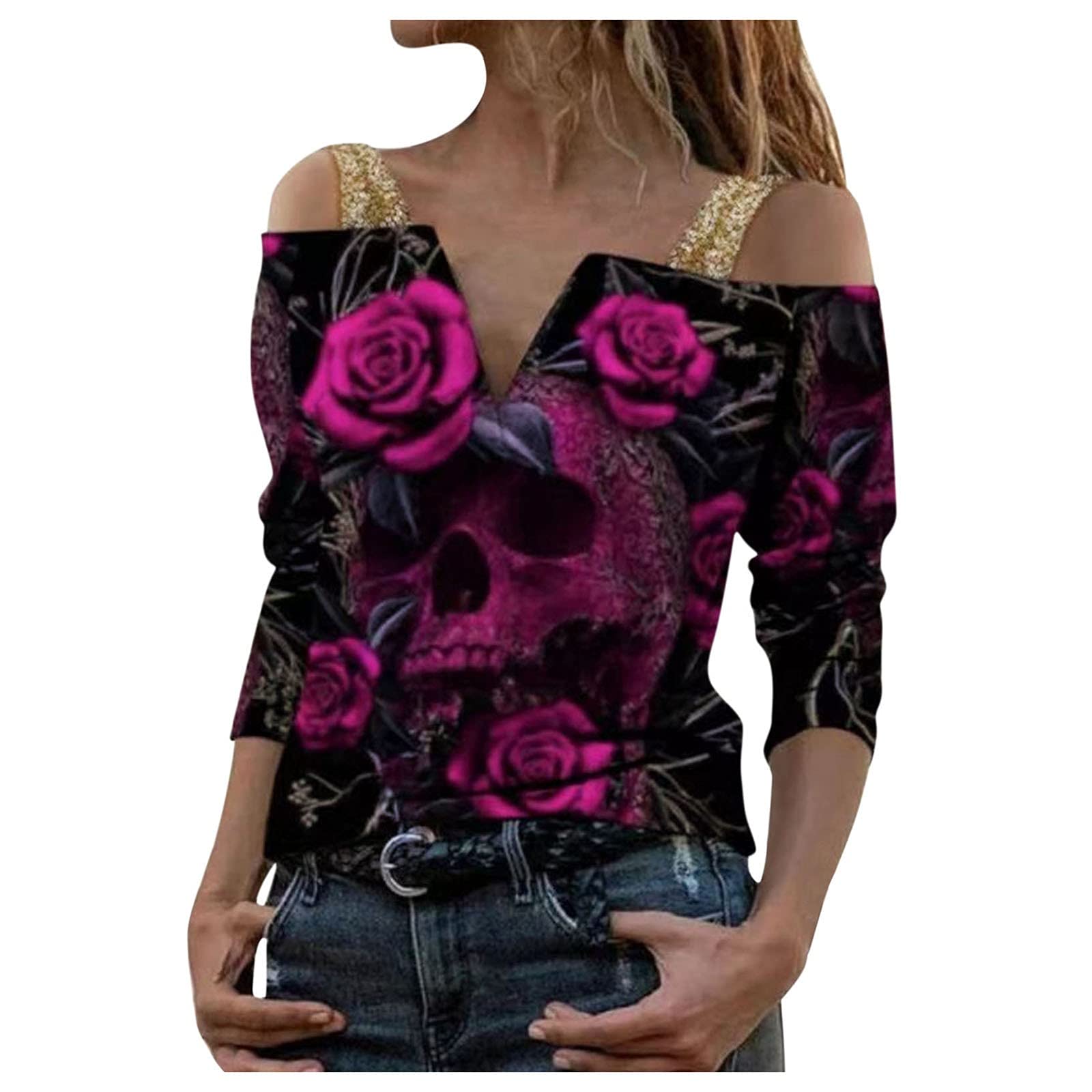 Sexy Rose Printed Cold Shoulder V-Neck Tunic Top for Women - Long Sleeve Loose Fit Blouse - Perfect for Casual Wear, Date Nights & Office Outfits