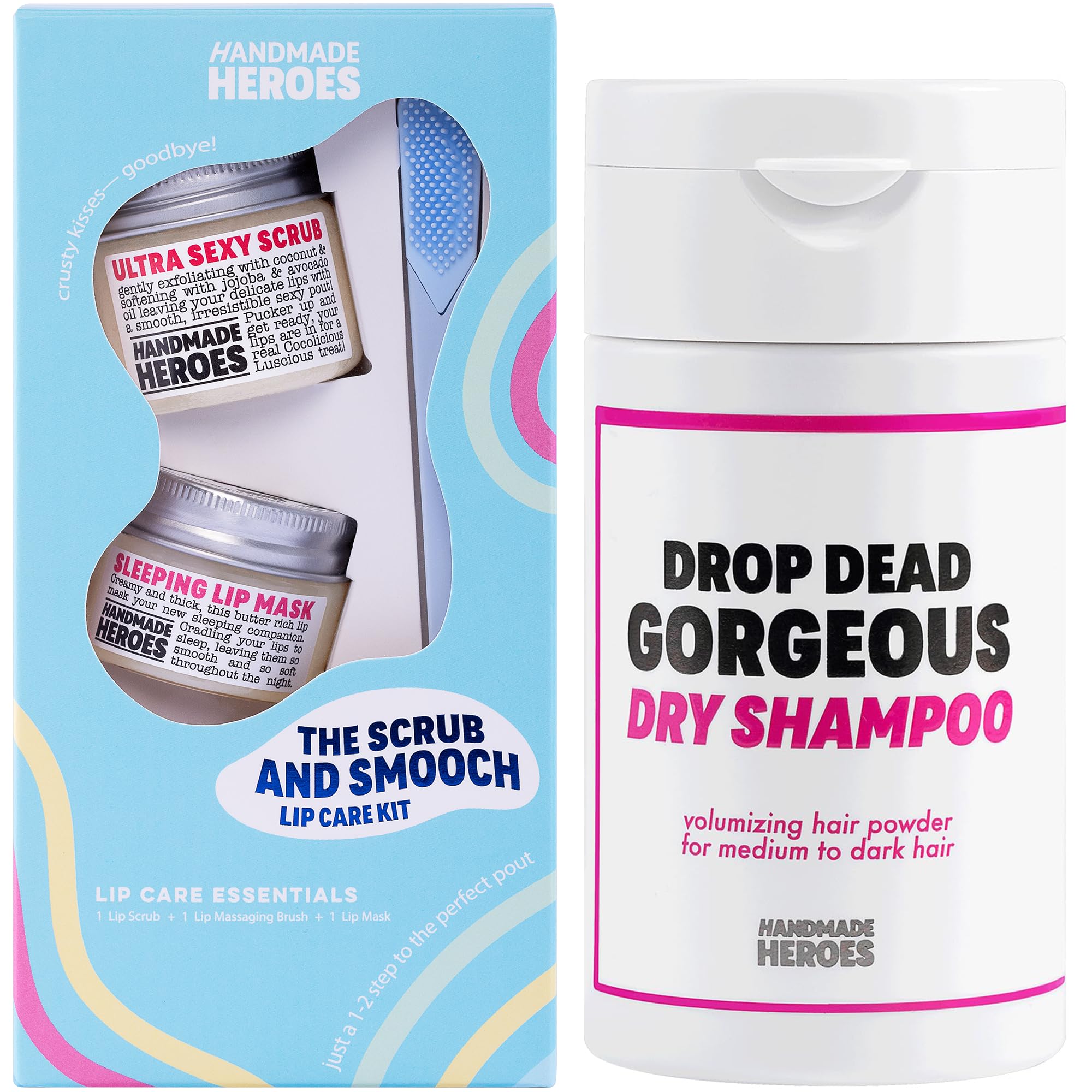 Handmade Heroes 100% Natural Vegan Lip Scrub & Coconut Lip Mask Set with Volumizing Dry Shampoo Powder (Brunette) - Organic Skincare for Soft Lips & Fresh Hair | Perfect for Travel, Daily Beauty Routine & Gifts