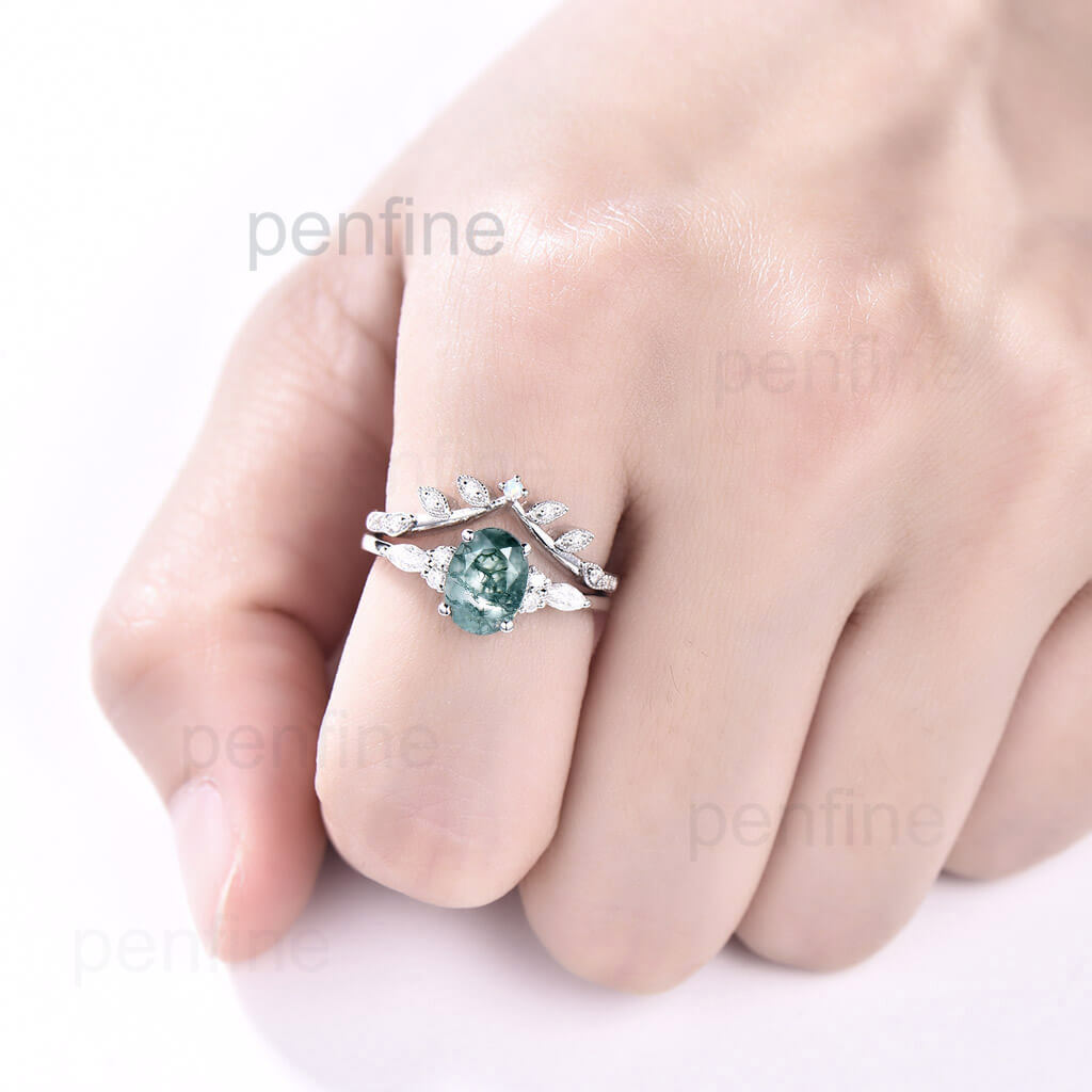 Oval Moss Agate Engagement Ring Set with Moissanite Stones - Vintage Inspired Bridal Jewelry for Weddings & Anniversaries