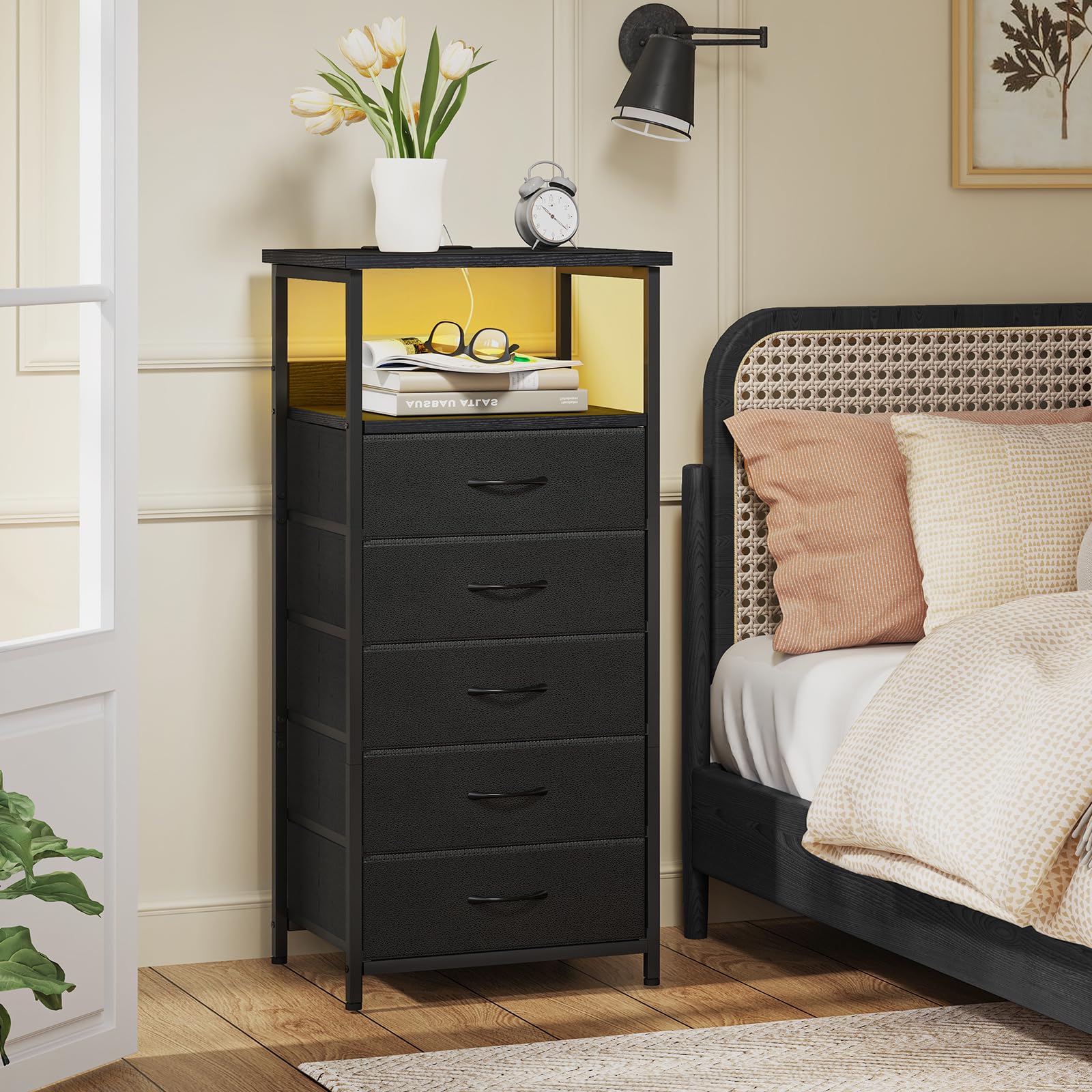 Fixwal Tall Nightstand with USB Charging Station & LED Lights - 5-Drawer Fabric Dresser with PU Finish - Modern Bedside Table for Bedroom, Living Room, or Office (Black)