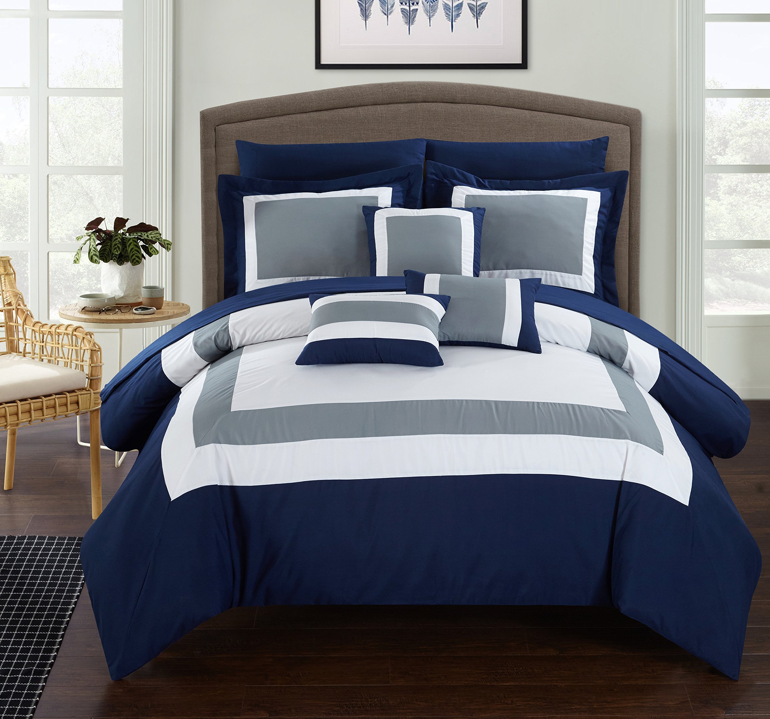 Chic Home Duke Queen Comforter Set 10-Piece - Colorblocked Navy Blue Queen Size Bedding Set with 2 Shams & 3 Decorative Pillows | Soft Luxury Bedroom Decor for Master Bedroom, Guest Room or Dorm