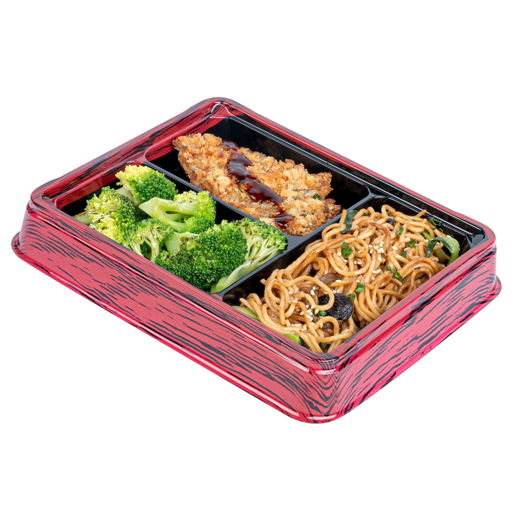 Bento Tek 16 oz Rectangle Red and Black Plastic Bento Box - 3 Compartments Lunch Container (8.75
