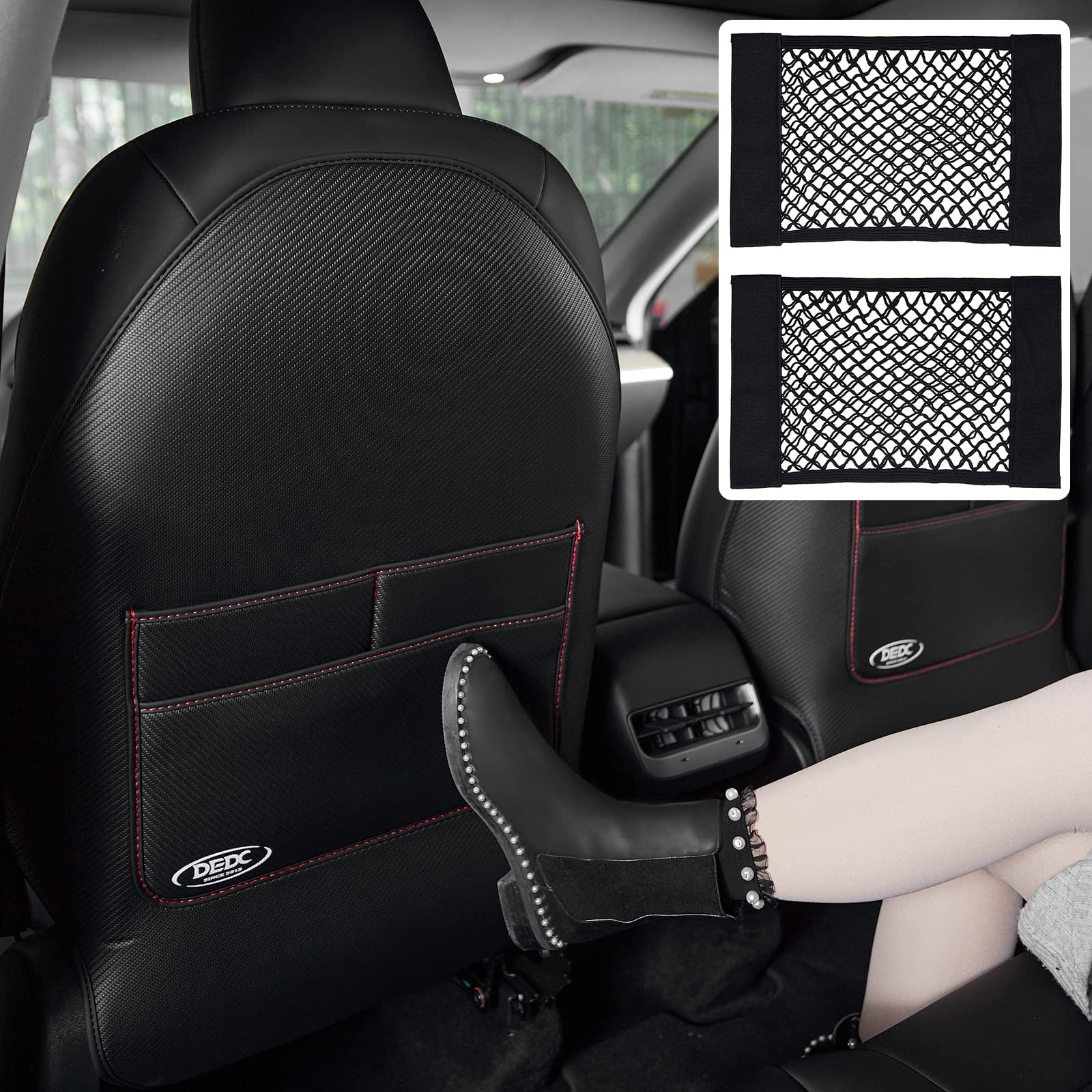 DEDC Tesla Model 3 & Y Seat Back Protectors and Kick Mats - 2PCS Rear Seat Protectors + 2PCS Mesh Cargo Net - Premium Interior Accessories for Tesla Model 3/Y - Perfect for Road Trips, Family Travel and Pet Protection