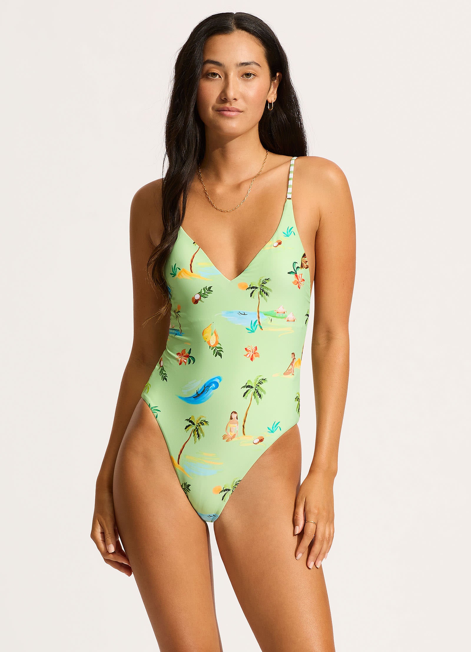 Isla Palm V Neck One Piece Swimsuit - Sage Green Monokini for Women, Beach Vacation & Pool Party Essential