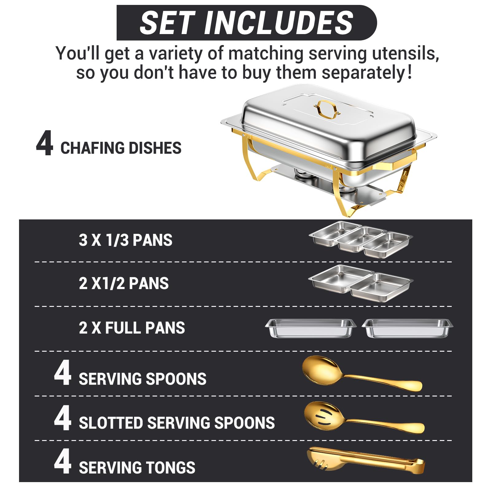 8 Qt Premium Stainless Steel Chafing Dish Buffet Set - 4 Pack with 7 Pans, Rolled-Edge Design for Food Warming - Perfect for Parties, Weddings, Catering, Camping & Outdoor Events (Half Gold Finish)