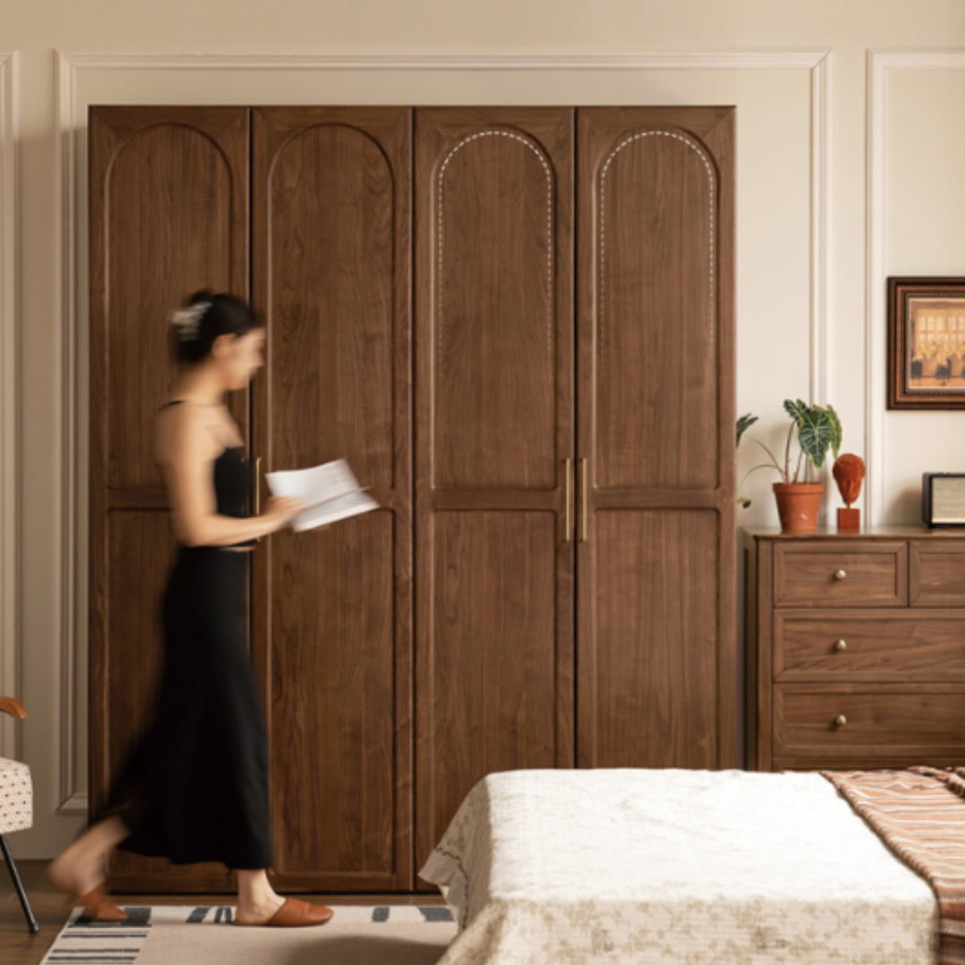 Vintage French Style Black Walnut Solid Wood Wardrobe - Classic Retro Closet for Bedroom & Living Room Storage