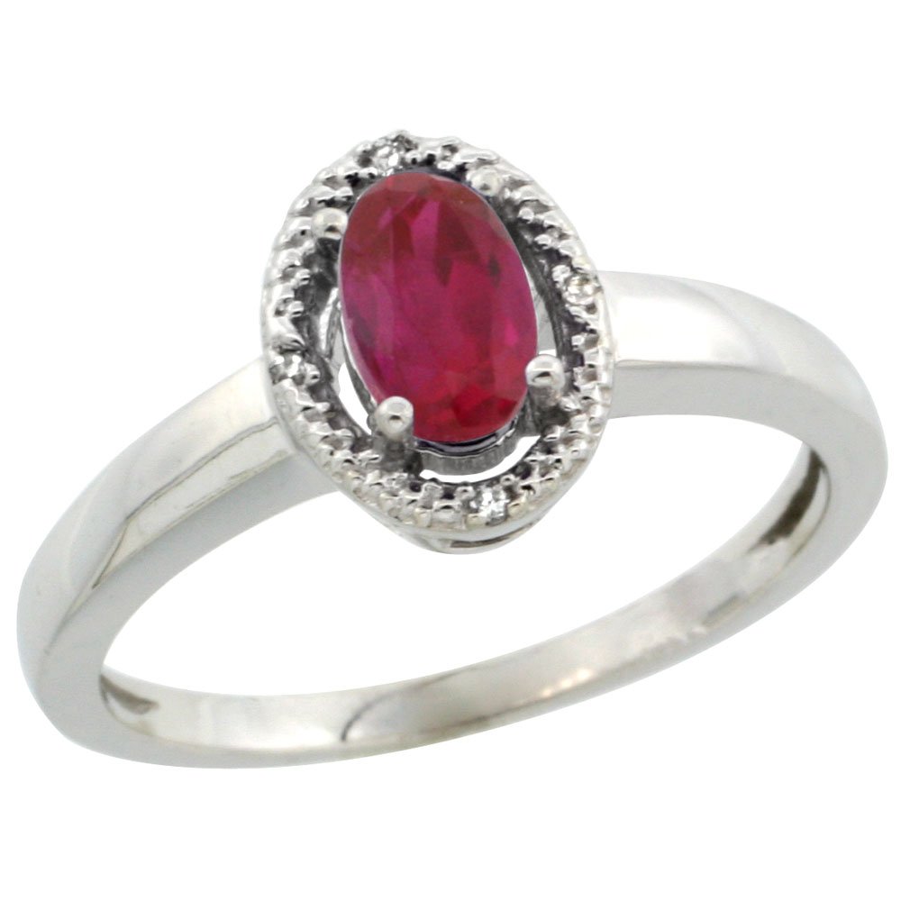 10K White Gold Diamond Halo Oval Ruby Engagement Ring 6x4mm (Sizes 5-10) - Perfect for Proposals, Anniversaries & Romantic Gifts