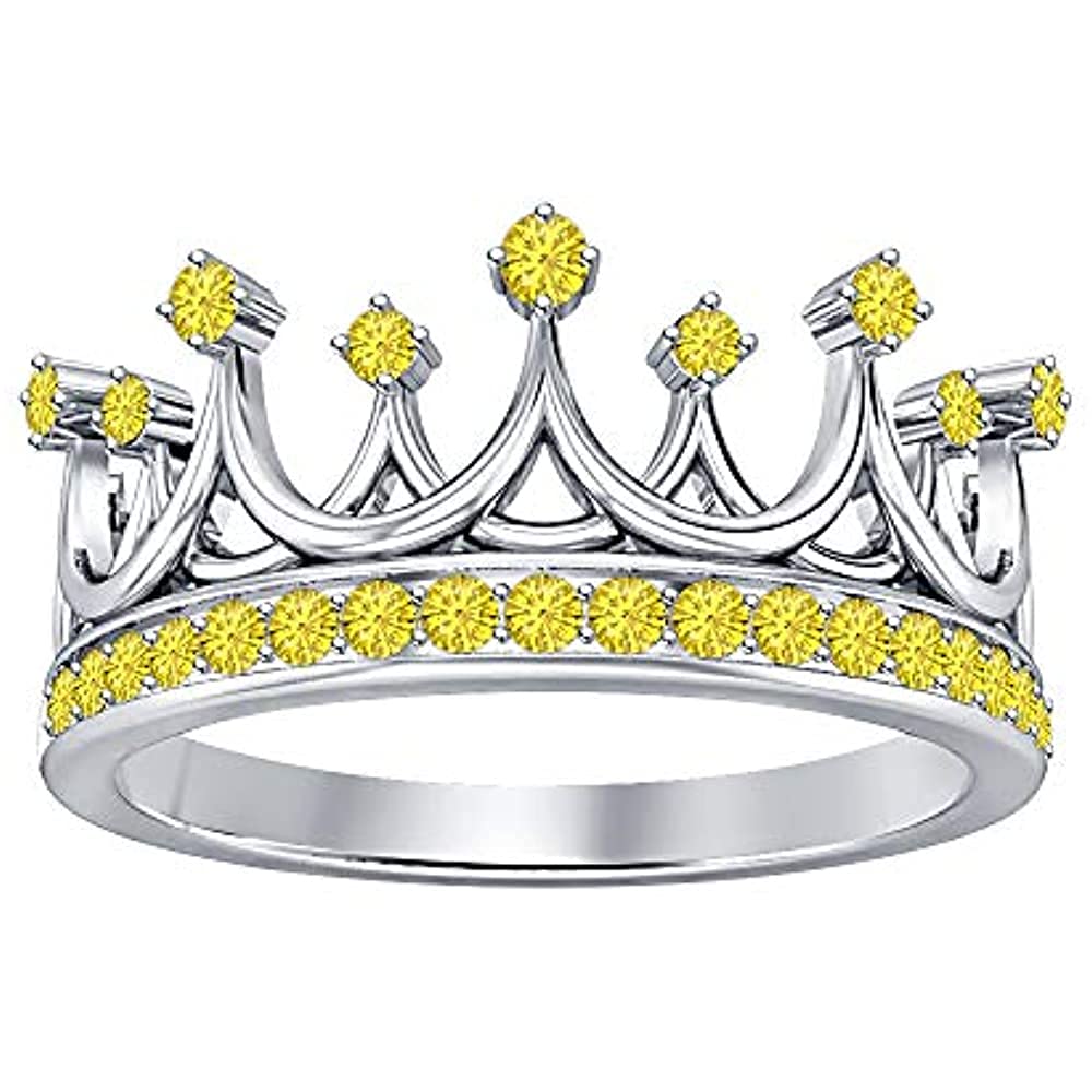Baalaji Jewellers 925 Sterling Silver 14K White Gold Plated Round Cut Gemstone Diamond Queen's Tiara Crown Ring for Women - Perfect for Engagement, Wedding & Special Occasions