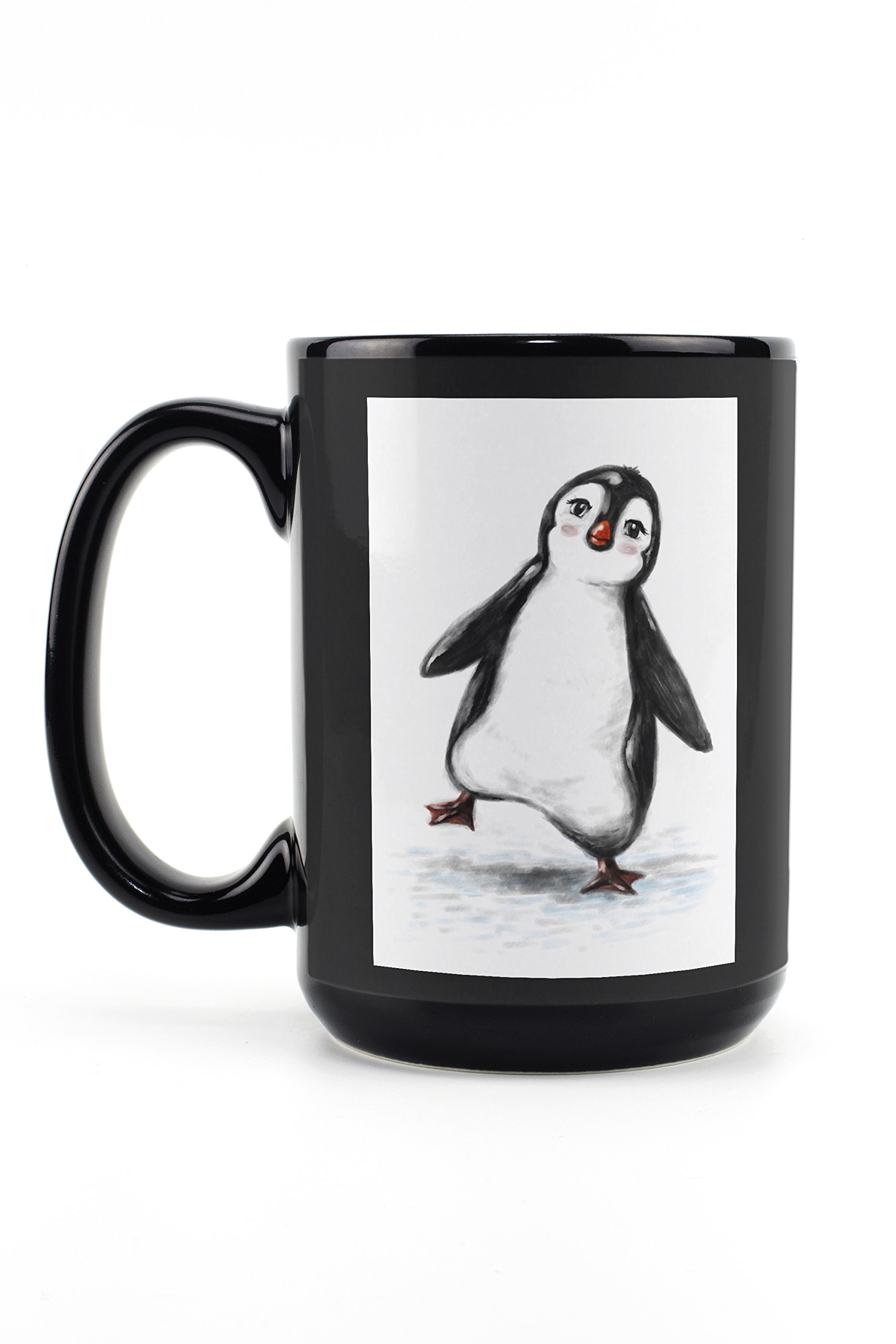 Playful Penguin 15oz Black Ceramic Coffee Mug - Microwave & Dishwasher Safe Tea Cup - Perfect for Office, Home Use & Gift Giving