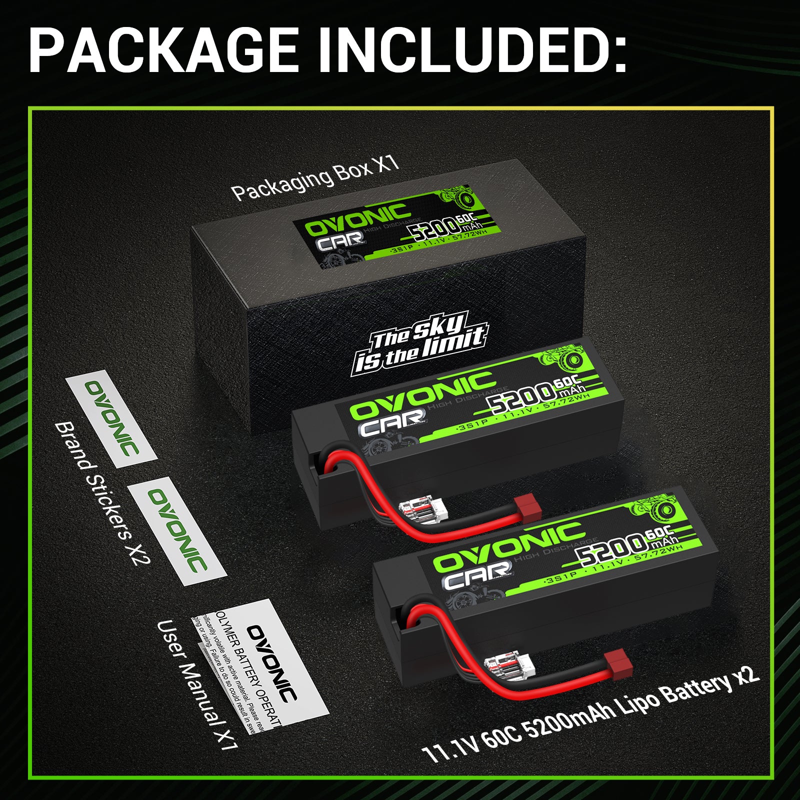 OVONIC 5200mAh 11.1V 3S 50C Lipo Battery with Deans & XT60 Connector - High Performance RC Battery for Cars, Boats, Trucks - Perfect for Racing, Off-Roading & Remote Control Hobbies