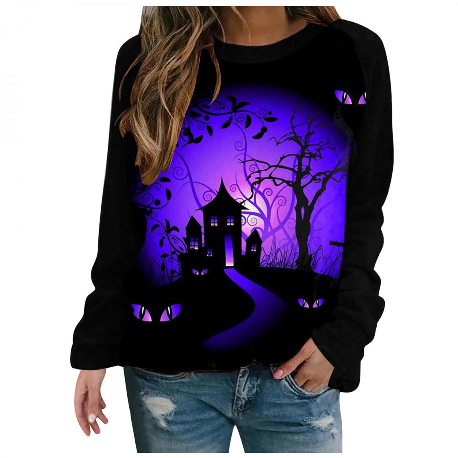 Women's Halloween Long Sleeve T-Shirt - Pumpkin Skeleton Print Casual Round Neck Top for Fall & Halloween Parties, Costume Outfits, and Everyday Wear