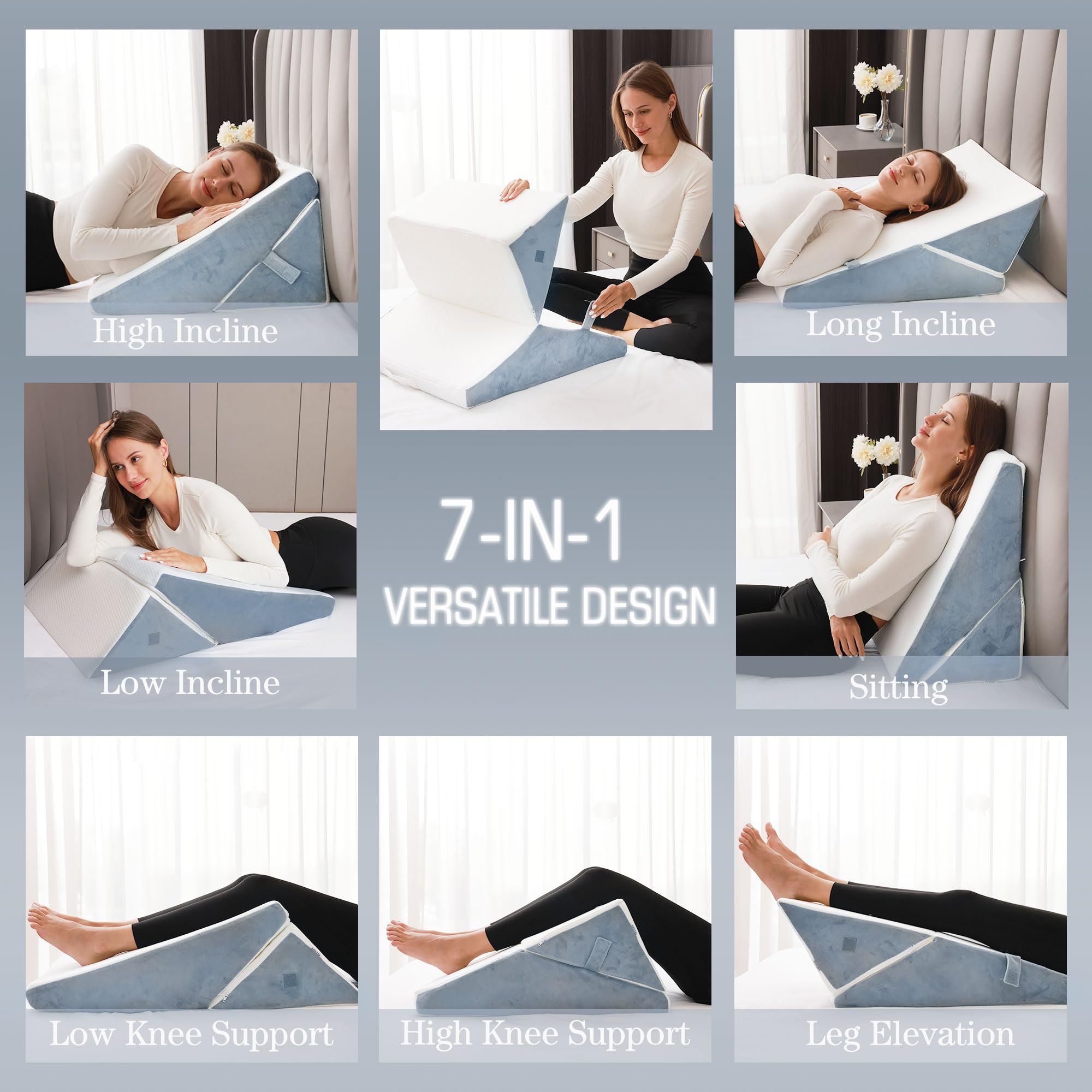 FSCGIFE Adjustable Bed Wedge Pillow for Sleeping - 9&12 Inch Memory Foam Wedge Pillow for Post-Surgery, Acid Reflux, GERD & Snoring Relief - 7-in-1 Triangle Support Pillow for Back Pain, Reading & Relaxation in Bed