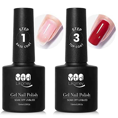 YTD Likomey Gel Nail Polish Base & Top Coat Set - 2 Pack 7.5ml Soak Off UV Lamp Cured Nail Gel - Clear Long Lasting No Wipe Glossy Shine - Perfect for Salon, Home DIY & Professional Manicures