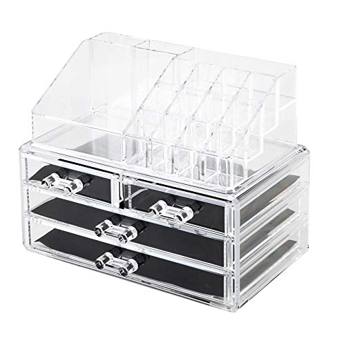 Clear Acrylic Cosmetic Storage Organizer with 4 Drawers - Makeup Jewelry & Hair Accessories Organizer for Bathroom Counter, Dresser or Vanity - Perfect for Small Space Organization & Travel Beauty Storage
