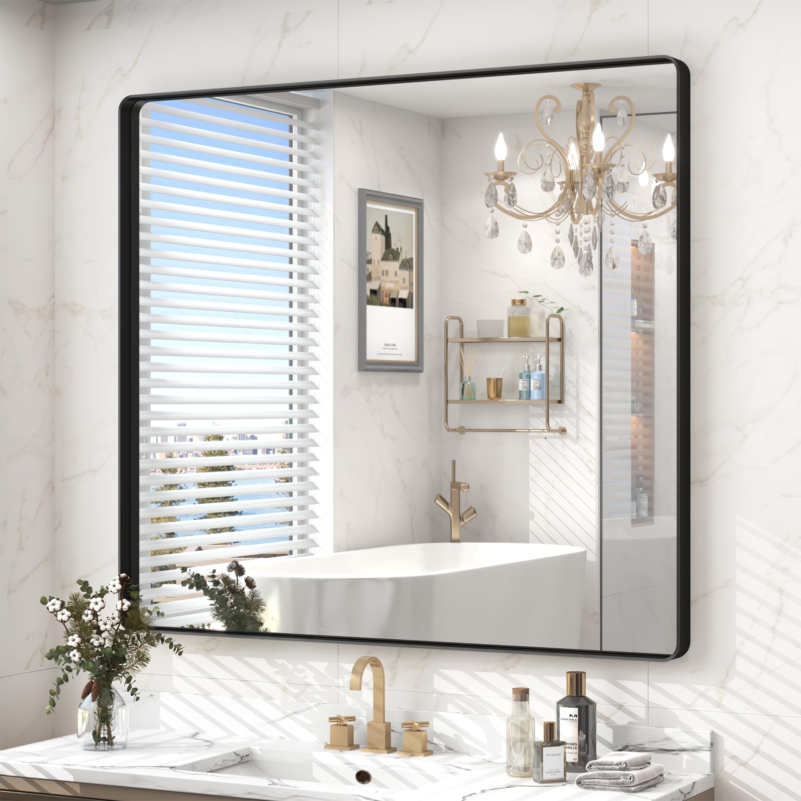 40x36 Inch Black Framed Bathroom Mirror - Rustproof Shatterproof Wall Mounted Vanity Mirror with Rounded Rectangle Metal Frame (Horizontal/Vertical) - Perfect for Modern Bathrooms, Bedrooms and Entryway Decor