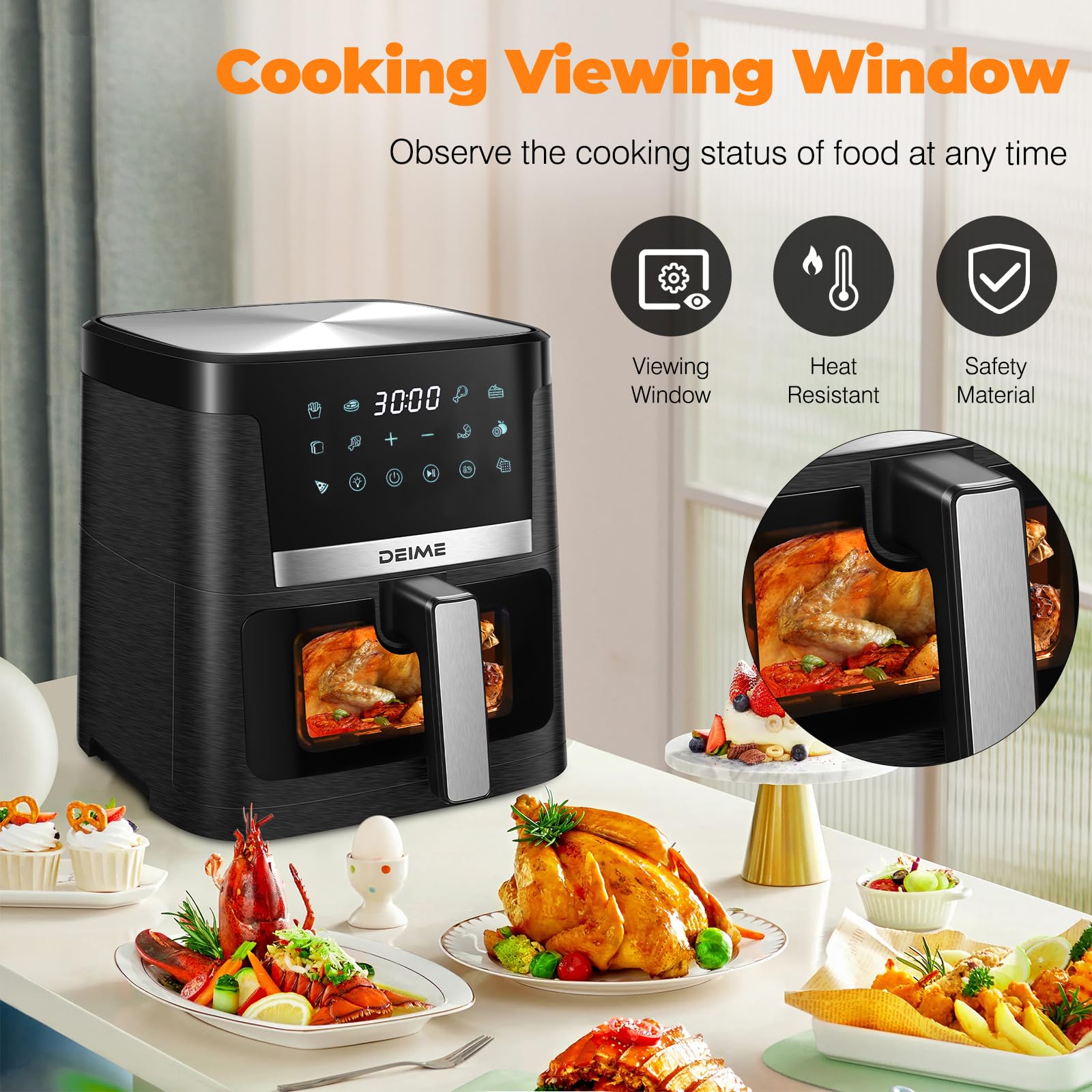 DEIME 7.5 QT 1700W Large Air Fryer - Oil Free Healthy Cooker with 12 Presets, LCD Touch Screen, Visible Window & Non-Stick Basket - Perfect for Family Meals, Quick Snacks & Healthy Cooking (Black)