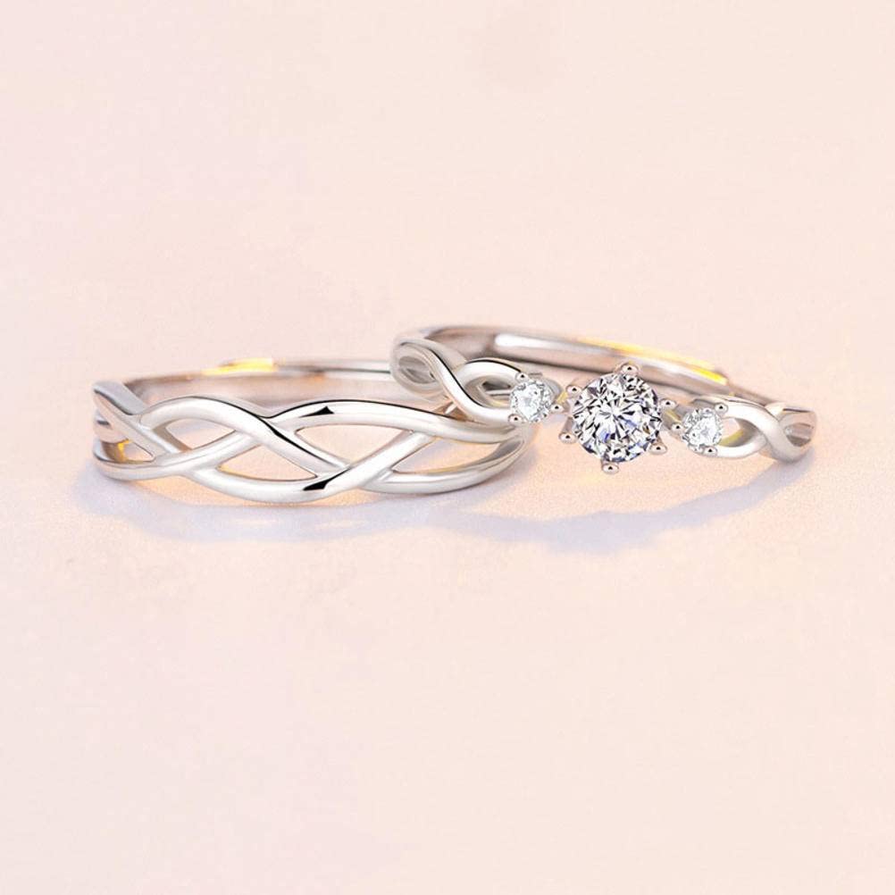 Sterling Silver Adjustable Open Finger Ring for Couples - Simple & Elegant Matching Pair for Men & Women with Imitation Diamond - Perfect Romantic Gift for Anniversaries, Valentine's Day & Weddings
