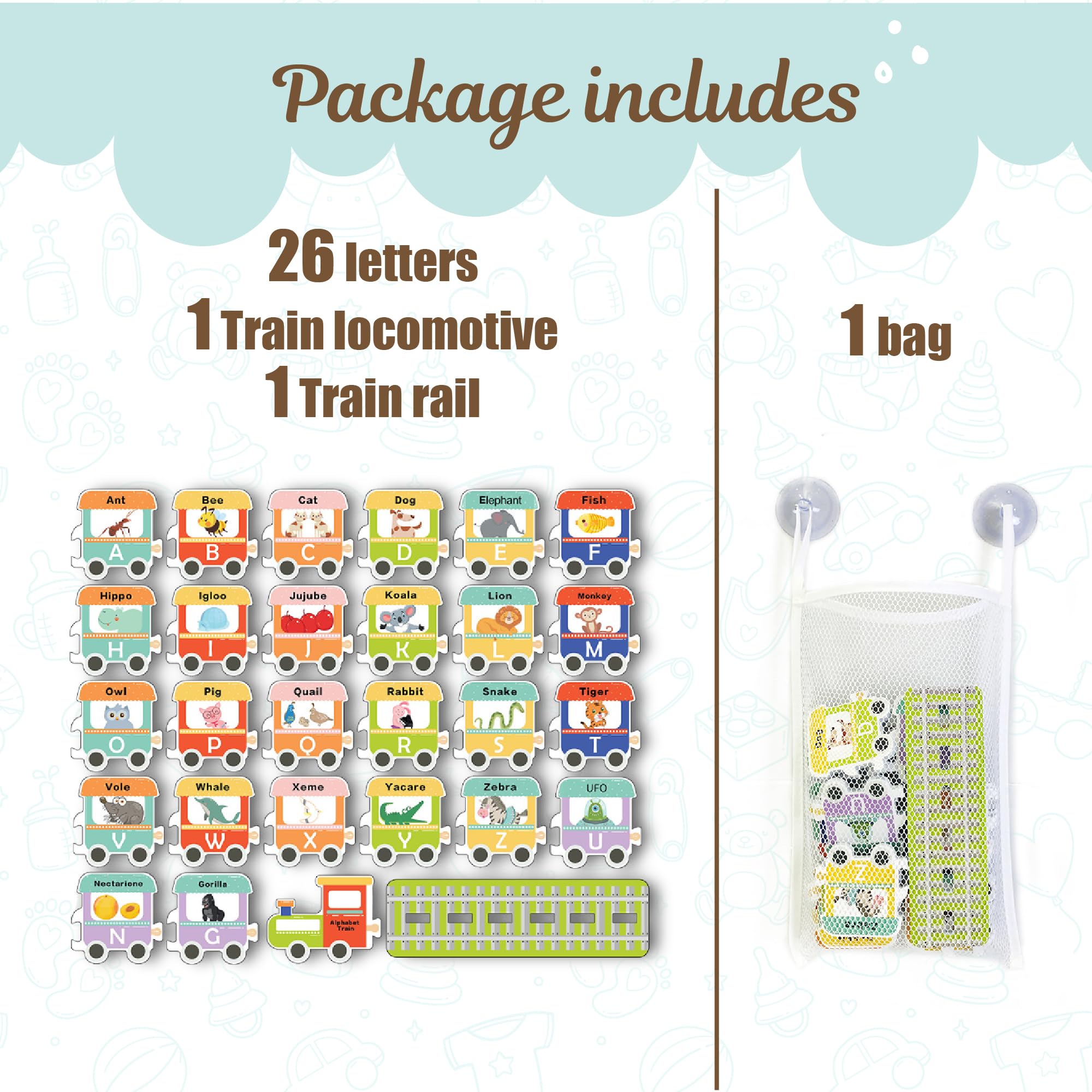 **Alphabet Learning Toys for Kids - 26 Train Letters & Mesh Organizer, Toddler Bath Toys for Boys & Girls, Preschool Educational Bathing Toys for Home & Travel**
