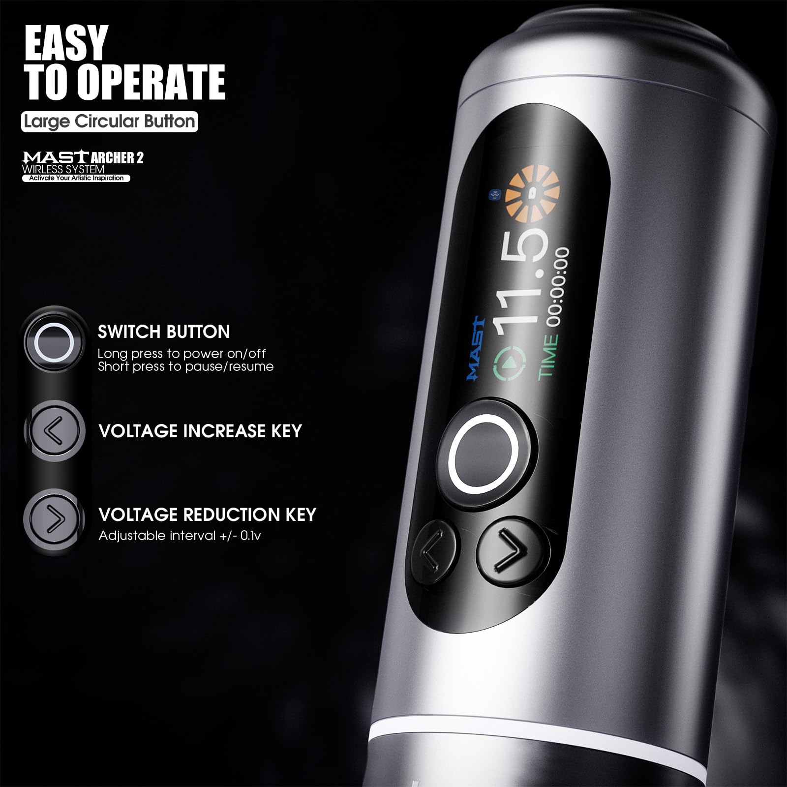 Professional Mast Archer2 Cordless Tattoo Machine - Brushless Motor, Seamless Frame, 2000mAh Long-Lasting Battery, 3.5mm Stroke Length (Grey) - Ideal for Tattoo Artists & Beginners, Perfect for Detailed Line Work & Shading