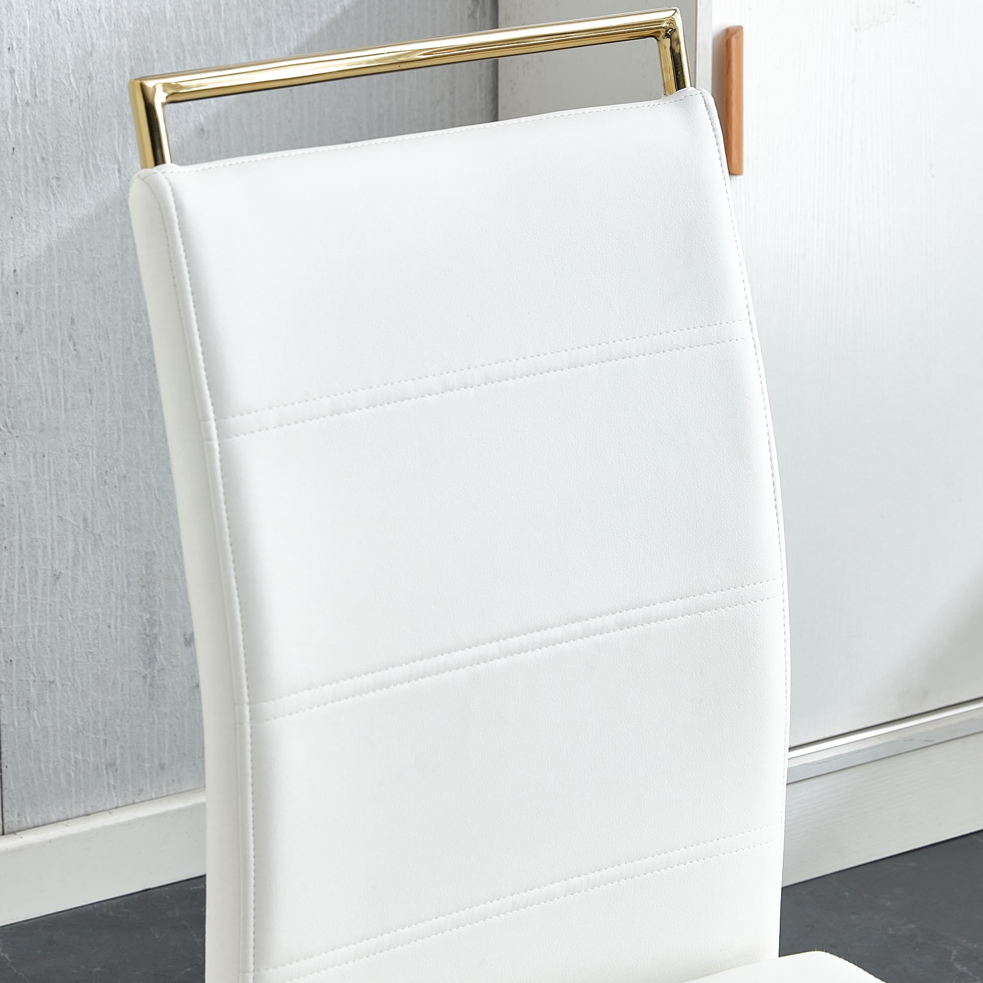 Modern Dining Chairs Set of 4 - PU Faux Leather High Back Upholstered Side Chairs with Horizontal Stripe Backrest - White with Gold Legs - Perfect for Kitchen, Dining Room & Living Room