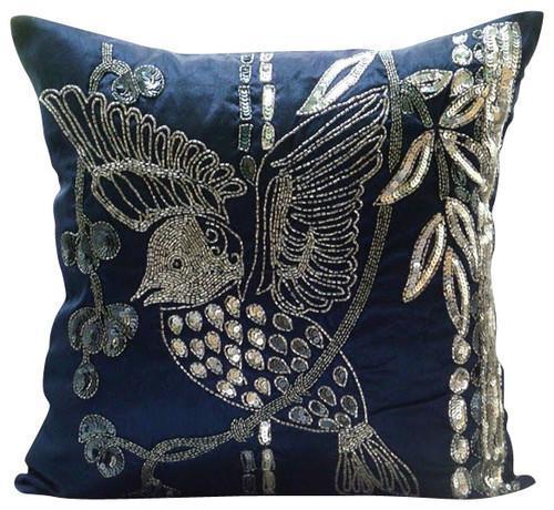 Birdy Flight Navy Blue Art Silk Decorative Euro Sham Pillow Cover - Luxury Bedding Accent for Home Decor, Master Bedroom & Guest Room Styling