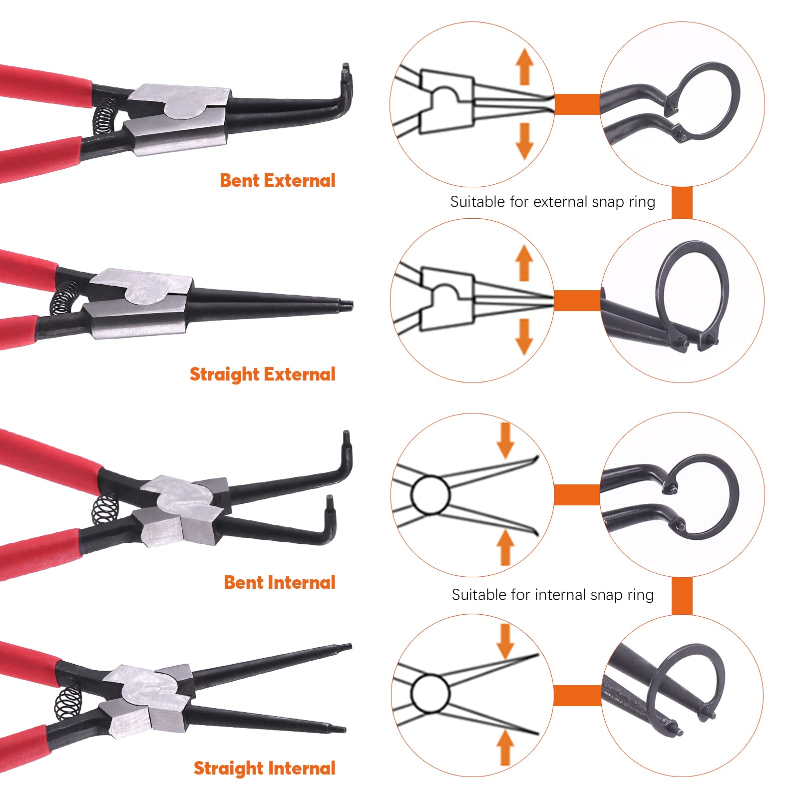 8Pcs Heavy Duty Snap Ring Pliers Set - 13 Inch Internal & External Circlip Pliers with Straight/Bent Jaws for Automotive, Machinery & DIY Repairs - Professional Retaining Ring Removal Tool Kit for Mechanics and Home Use