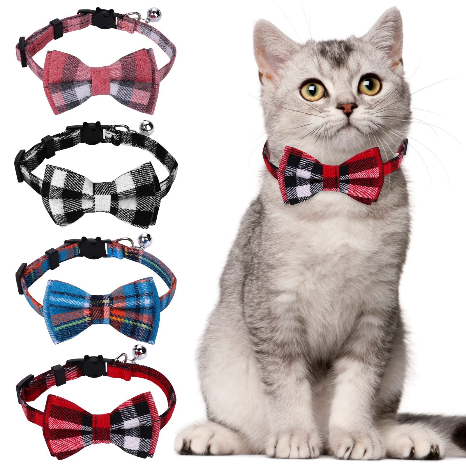 Giantree 4Pcs Adjustable Breakaway Cat Collars with Bow Tie & Bell - Cute Plaid Design 7-12 Inch for Kittens, Cats & Small Dogs - Perfect for Pet Parties, Photo Shoots & Daily Fashion Accessories
