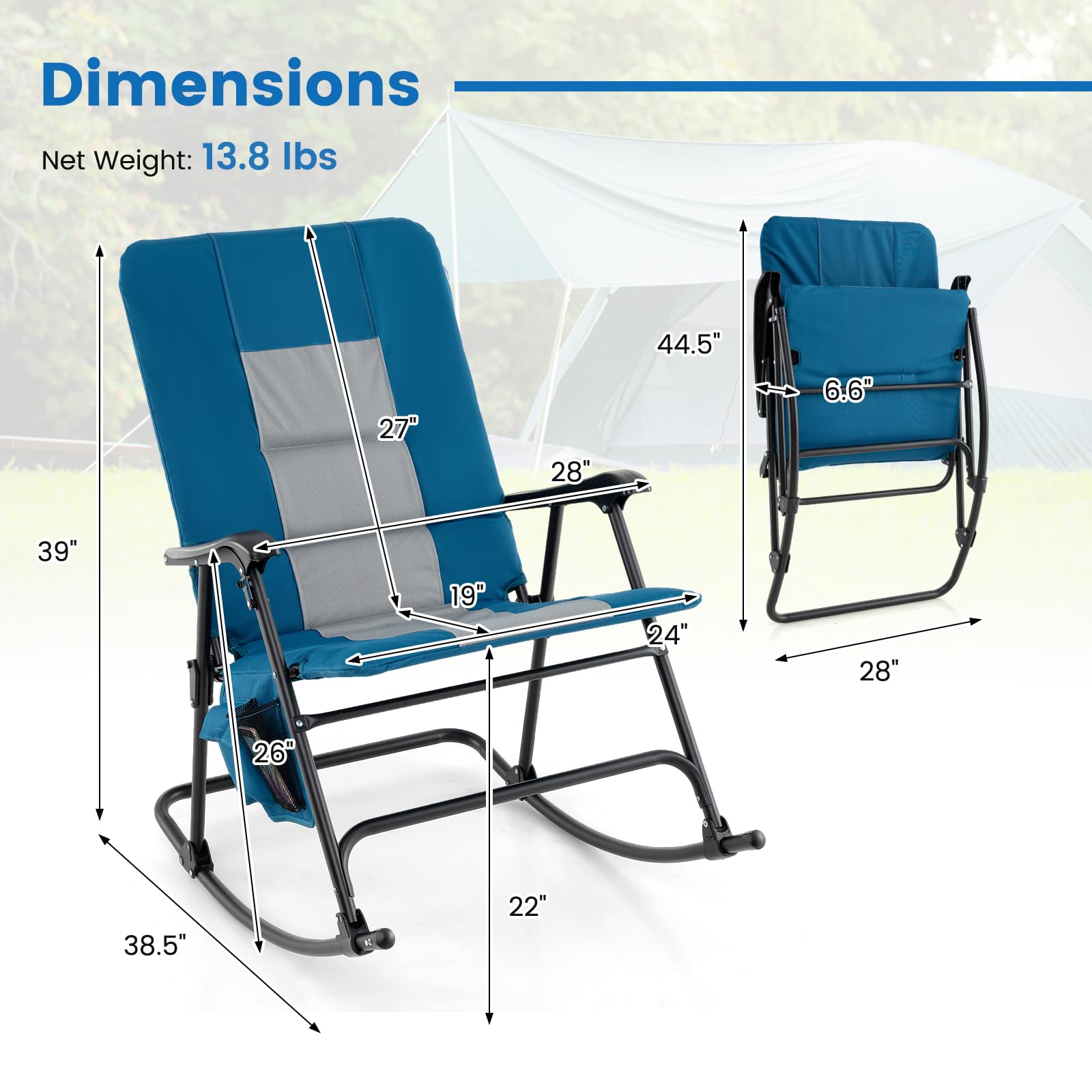 Tangkula Folding Rocking Chair - Heavy Duty 350 lbs Capacity, Padded High Back Camp Chair with Armrests, Portable Foldable Design for Indoor Outdoor Use, Patio Lawn Backyard Camping Beach Relaxation (Blue)