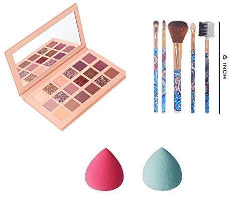 Miss Hot Beauty 18-Color Nude Eyeshadow Palette with 5-Piece Makeup Brush Set & 2 Multicolor Puffs - Perfect for Everyday Makeup, Party Looks & Professional Makeup Artists