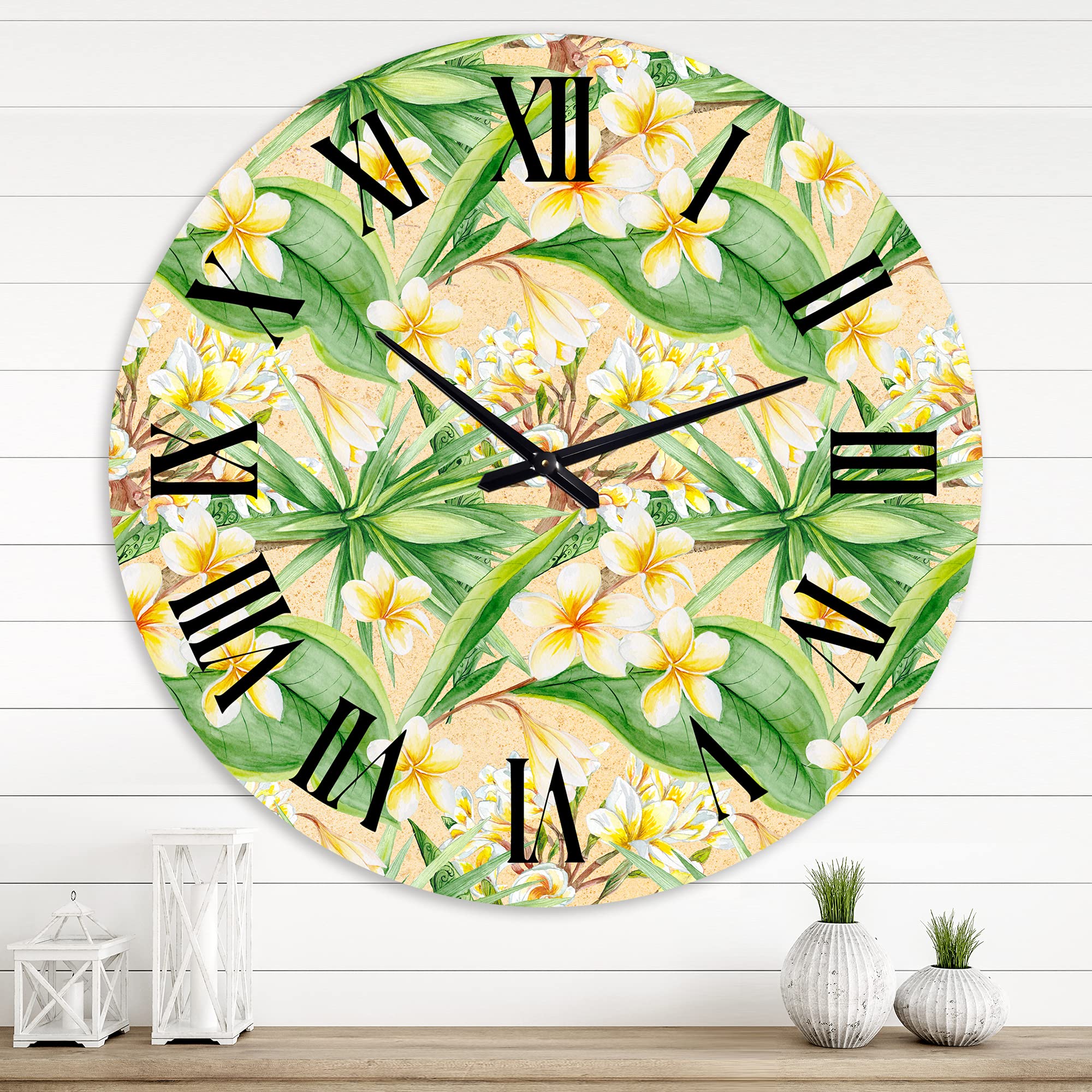 Tropical Foliage & Yellow Flowers Wall Clock - Large Modern Botanical Decor for Living Room, Bedroom & Office | Silent Non-Ticking Home Decoration