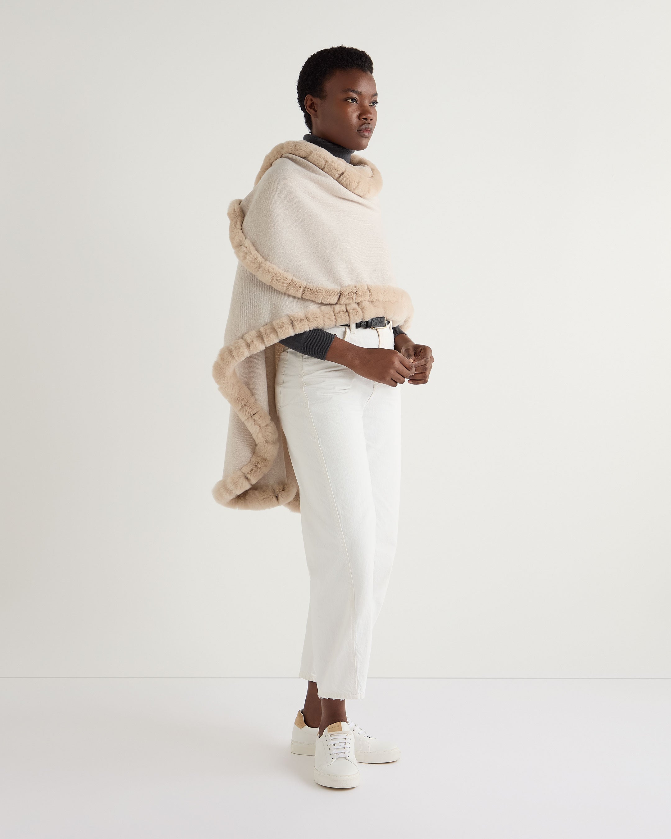 Women's Ayla Fur Trim Cashmere Cape - Soft Winter Shawl Wrap in Ecru White | Elegant Outerwear for Parties, Weddings & Cold Weather Fashion