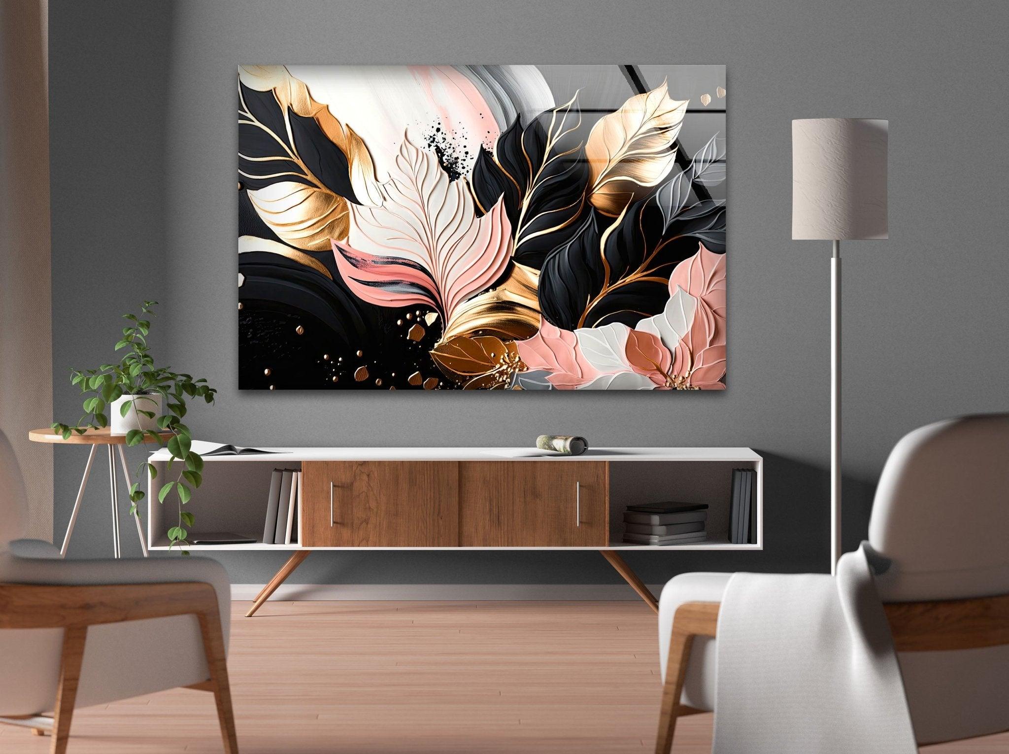 Abstract Pink Gold Leaf Glass Wall Art - Modern Home Decor for Living Room, Bedroom & Office - Elegant Handmade Artwork for Gifts & Interior Design
