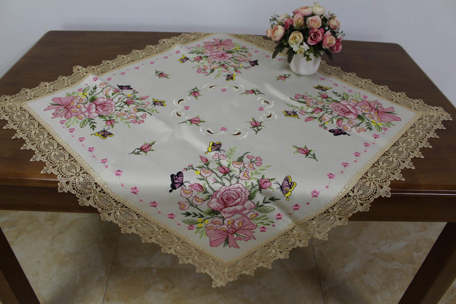 Vintage Venice Lace Floral Cross Stitch Embroidered Linen Tablecloth & Table Runner Set - Elegant Beige 34x34 Round for Dining Table, Wedding Decor, and Home Dresser Scarf