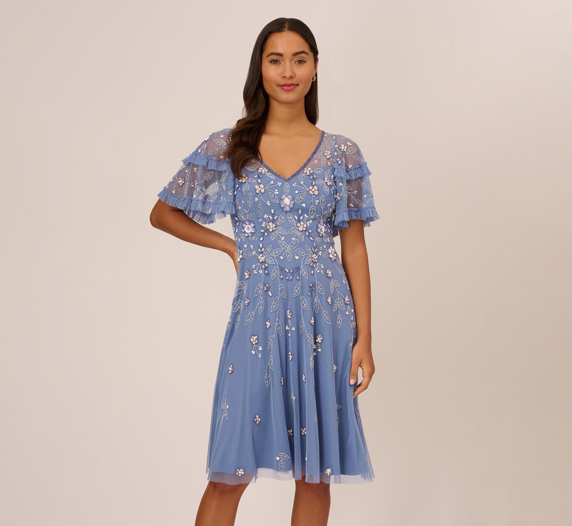 French Blue Beaded Midi Dress with Sheer Ruffled Sleeves | Elegant Party, Wedding Guest & Summer Cocktail Dress